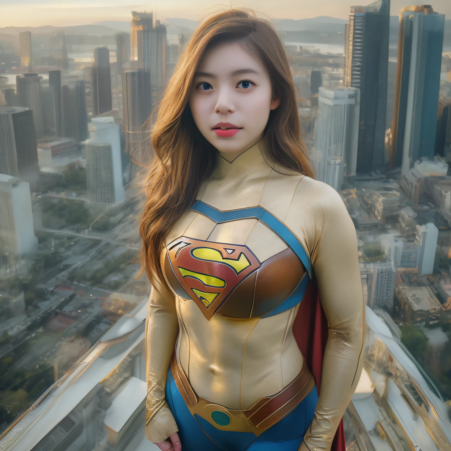 a close up of a asia woman in a superman costume standing on a cityscape, amouranth as a super villain, super photo realistic, realistic cosplay, super photo-realistic, ultra mega super hyper realistic, super-hero girl, super realistic photo, superhero body, highly detailed giantess shot, supergirl, superhero, superhero portrait, super model, super hero, super photorealistic, gigantic breasts, showing Vulvas muscular body, sexy body,