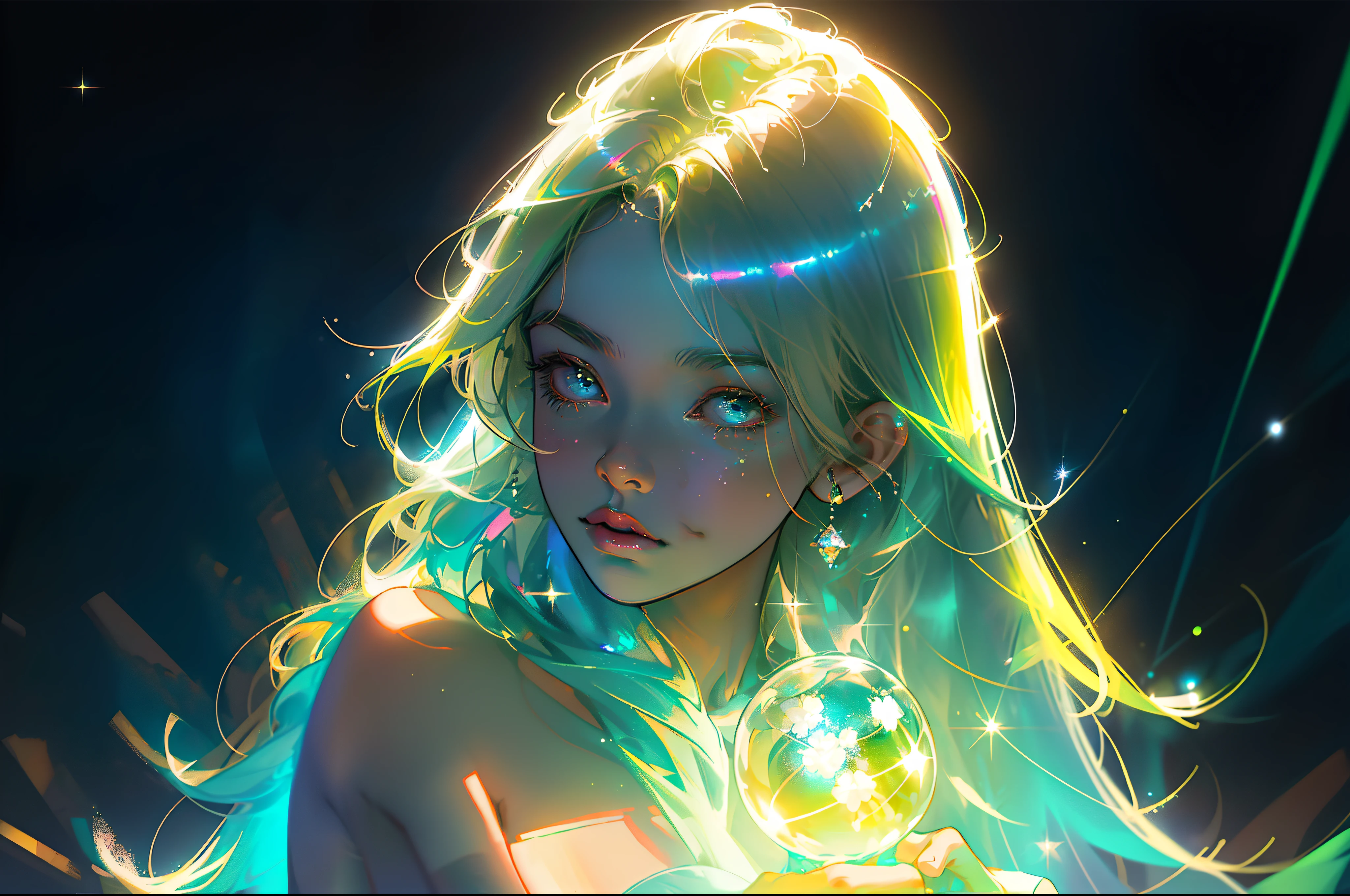 Masterpiece, best quality, super high resolution, character sheet, fluorescent color, blue and Green palete,
A young man, looking at the audience, beautiful face, beautiful eyes, (bare shoulder: 1.2), head up, upper body, forest, shiny hair, shiny skin, glowing cut, chibi, hands not shown: 1.5, black starlight clothe, particles