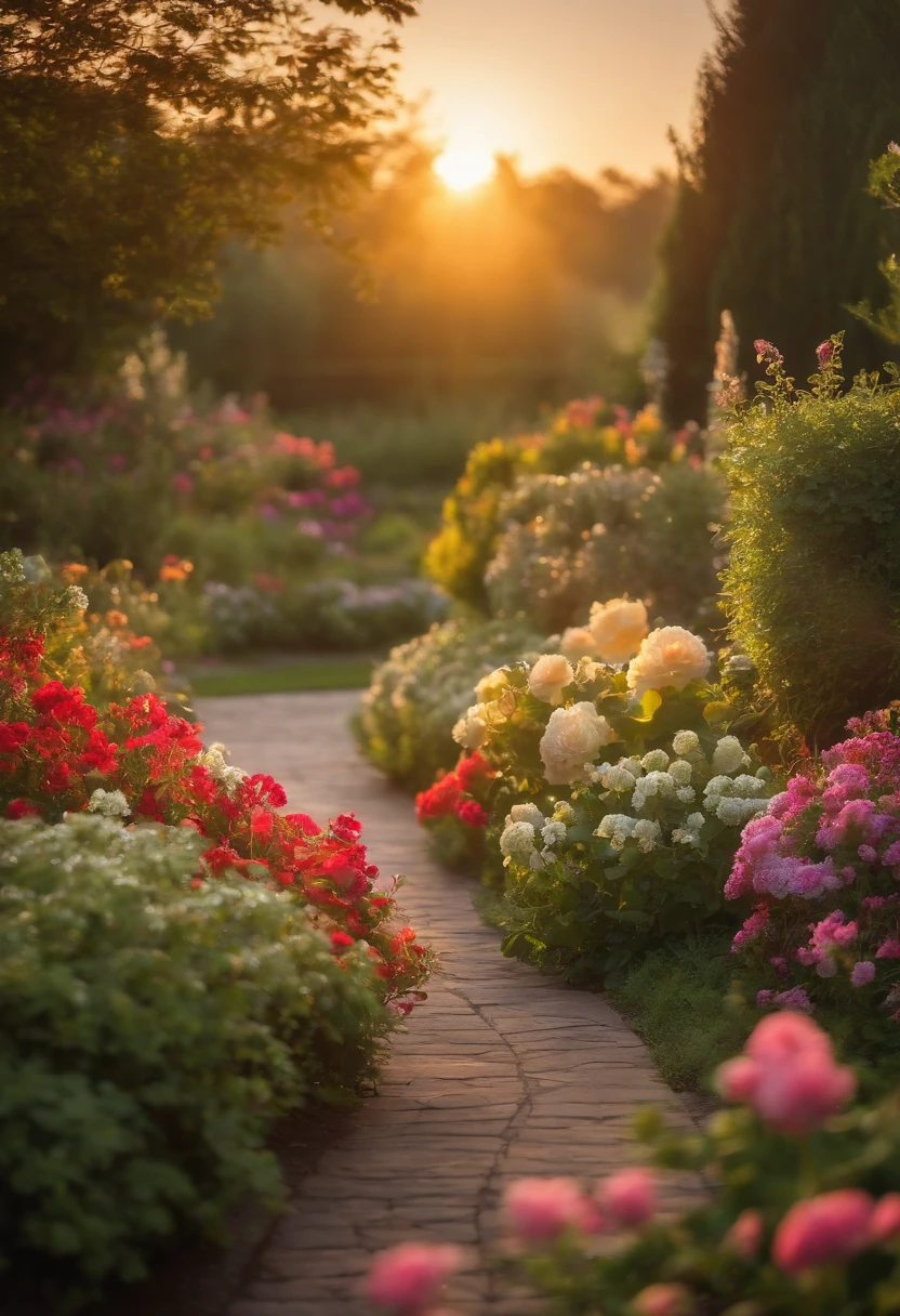 Enjoy the peaceful view of the garden at sunrise, Dewy flowers and soft morning light.,Original,like your grandma, femele
