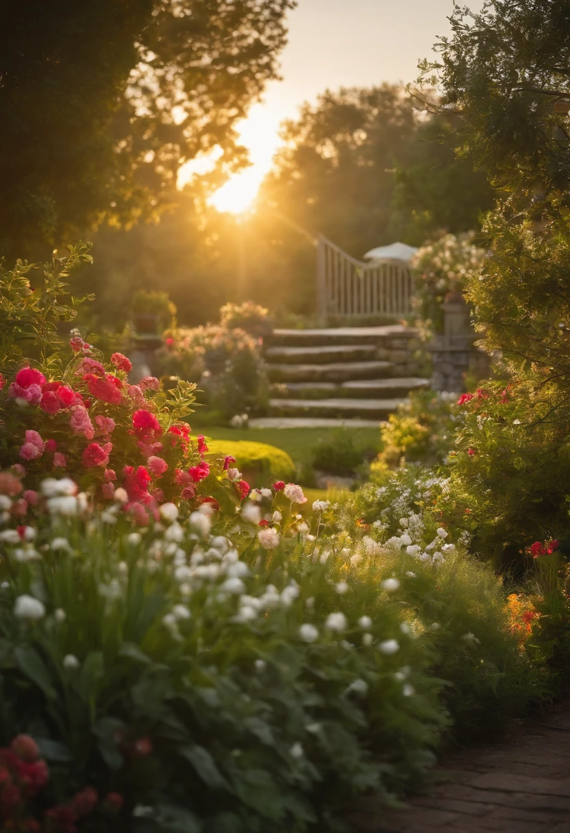 Enjoy the peaceful view of the garden at sunrise, Dewy flowers and soft morning light.,Original,like your grandma, femele