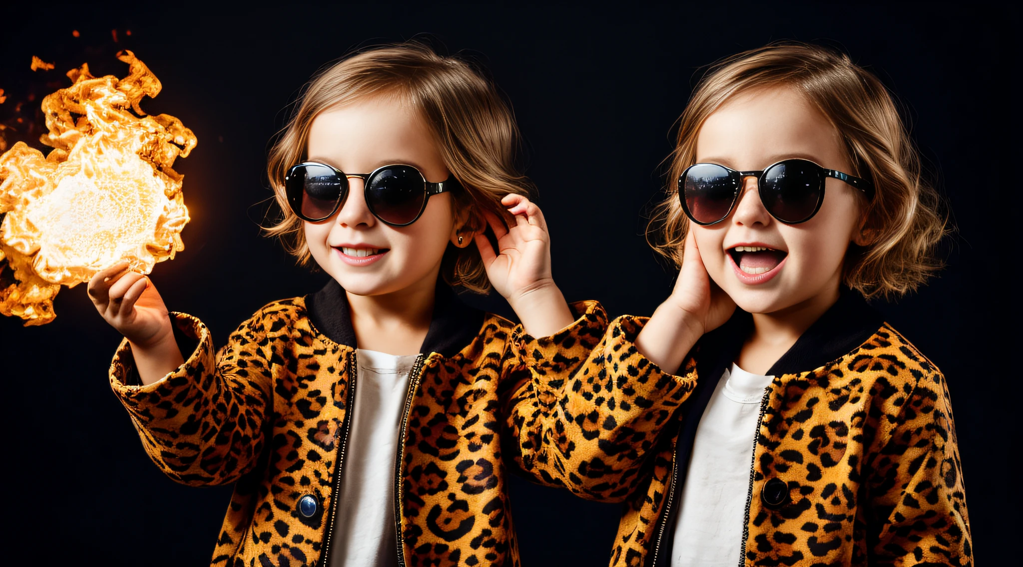 blonde girl with leopard coat and sunglasses covering her face, with sunglasses, holding a fireball in his hands. fundo escuro