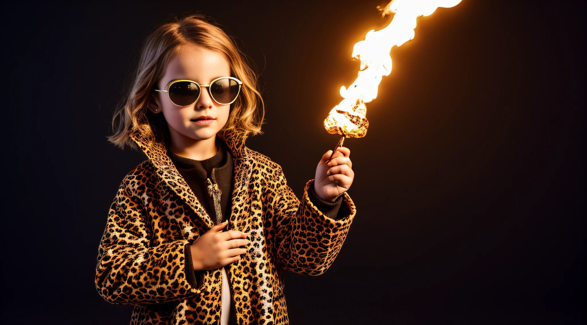 blonde girl with leopard coat and sunglasses covering her face, with sunglasses, holding a fireball in his hands. fundo escuro