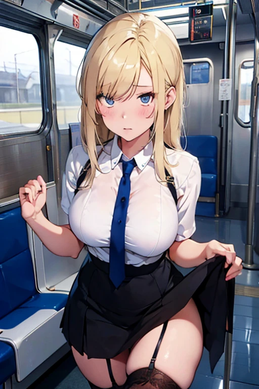 Blonde blue-eyed、a beauty girl、Officelady、suits、tight skirts、shame、breastsout、panty lines、garter stocking、On the train、tucking up the skirt