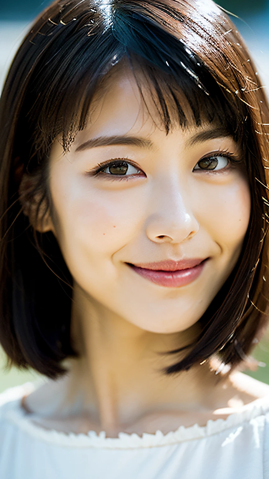(Top Quality, 8k, 32k, Masterpiece, UHD: 1.2), 1 girl, 18 years old, Beautiful perfect face, pretty Japan, Big, Holiday, Soft smile, Beautiful eyes, Intricate details, Fine-grained skin, Short hair,