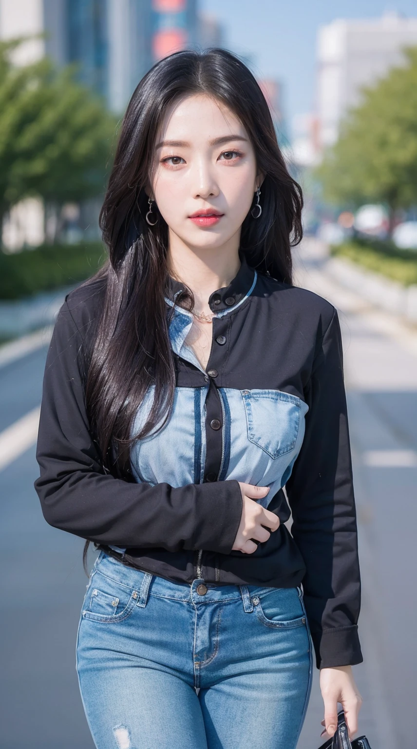 (masterpiece:1.4),(best quality:1.4),ultra high res,((detailed facial features)),HDR,8k resolution,1girl,blue sky,waby mouth / :3,(shiny),Sadako,street,shirt,earring,short jeans,large breasts,shiny skin,, ,socks over thighhighs,looking at viewer,skin tight,solo focus,naughty face,