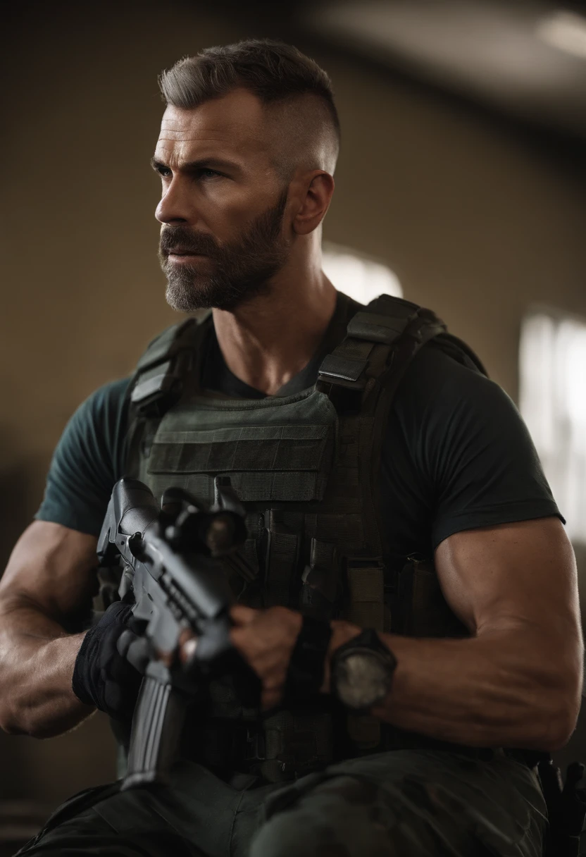 An image of SGT Johnny 'Soap' MacTavish leading a combat medic training session for Task Force 141, demonstrating first aid techniques and medical protocols.,Call of Duty: Modern Warfare series,SGT Johnny "Soap" MacTavish is famously portrayed by Neil Ellice, with blue eyes, a short buzzcut Mohawk haircut (Widows peak hairline), and a short beard. His jawline is defined, and his ears are a bit smaller than the average human male. , male