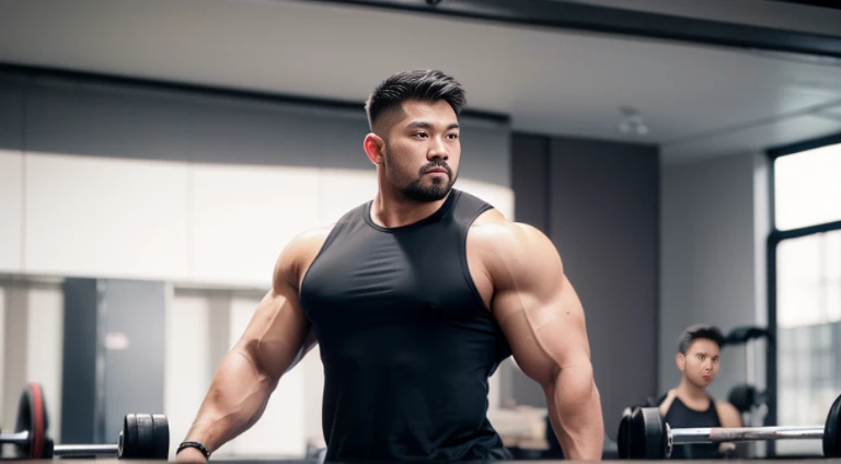 (Very detailed 8k wallpaper), two asian men, muscle worship, arms folded, At the gym, high detailing, buzzcut, very large and strong body, bulging muscles, well-muscled, very large pectoral muscles. Very sexy abs, legs are muscular, Toned figure, lightens oily skin, muscular, Tank top, T-shirt, longshot, Wide Shot