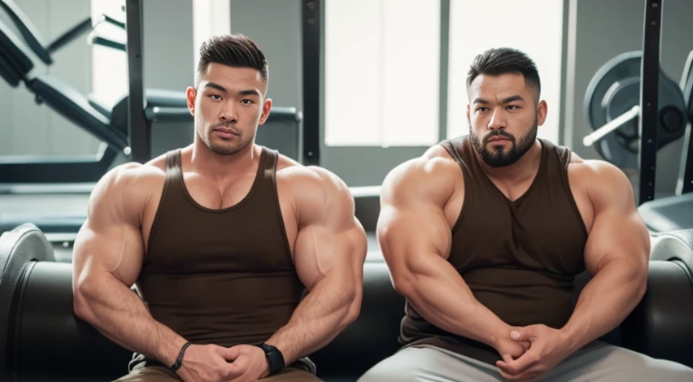 (Very detailed 8k wallpaper), two asian men, muscle worship, arms folded, At the gym, high detailing, buzzcut, very large and strong body, bulging muscles, well-muscled, very large pectoral muscles. Very sexy abs, legs are muscular, Toned figure, lightens oily skin, muscular, Tank top, T-shirt, longshot, Wide Shot