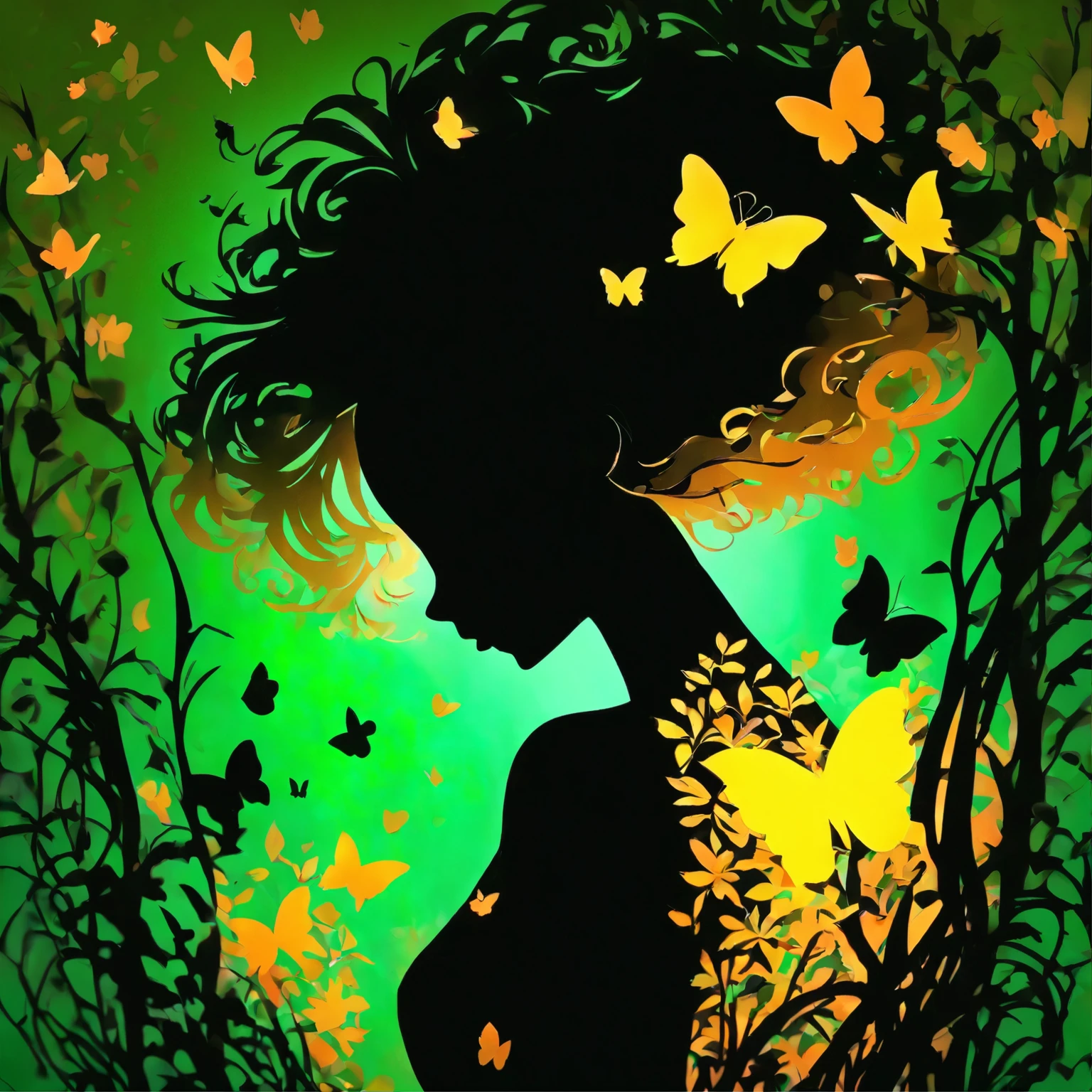 (Silhouette Art,cutouts:1.6)
(((Paper cutting art,A world where only night exists:1.3), holding a heart, solo, colorful backlighting 

(Cowboy Shot),1 girl,Solo,
Black girl, Clear and beautiful detailed face,15 Nights, butterflies 

break
(Silvery Moon)
Gradients green textured glass background,Arcana World