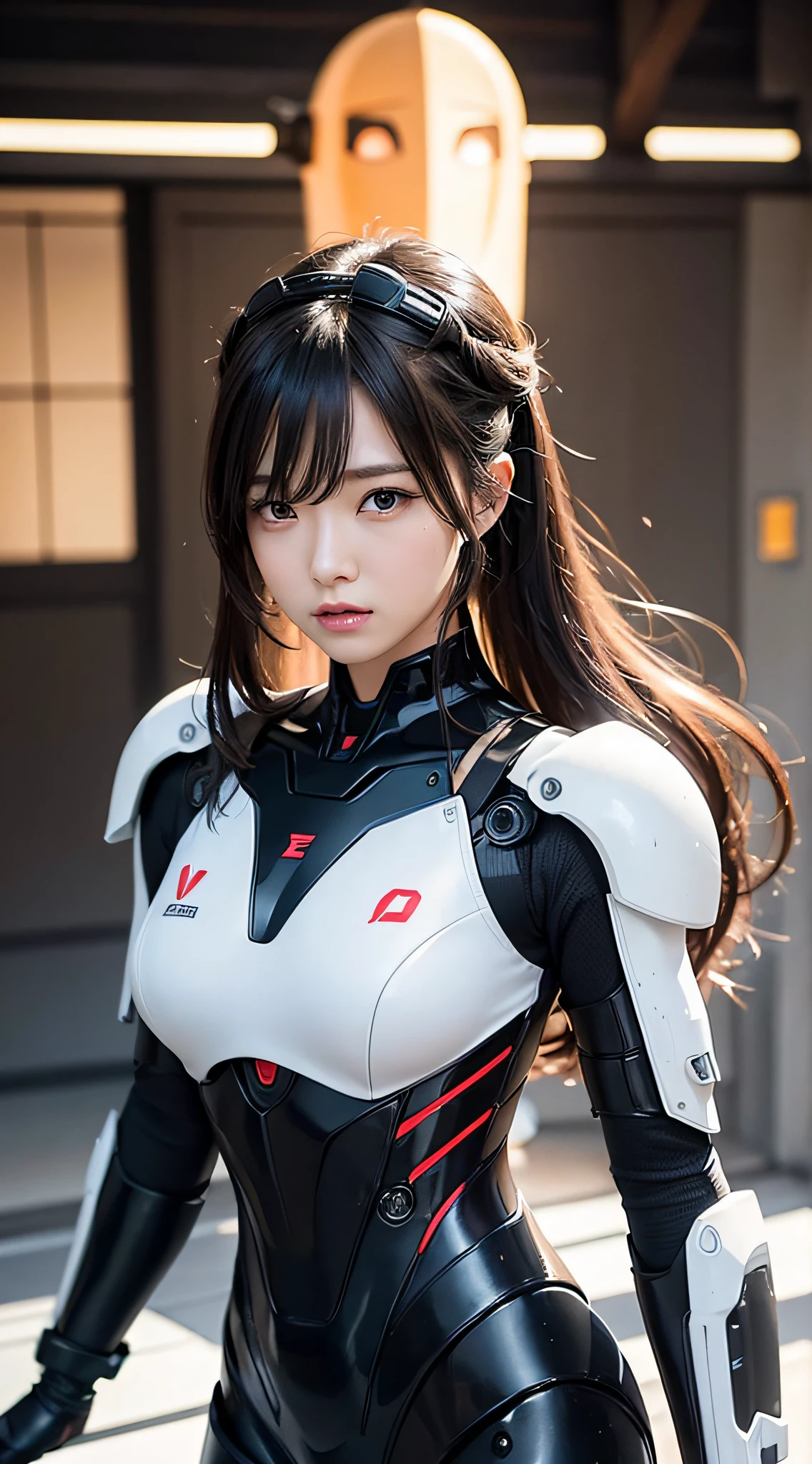 Woman standing in front of a group of robots、beautiful android woman、Beautiful Female Soldier、Storms and epic war scenes、Girl in suit、Complex fashion clothes、Beautiful Japan Woman、Highly detailed facial and skin texture、A detailed eye、二重まぶた、cute face、angry expressions、