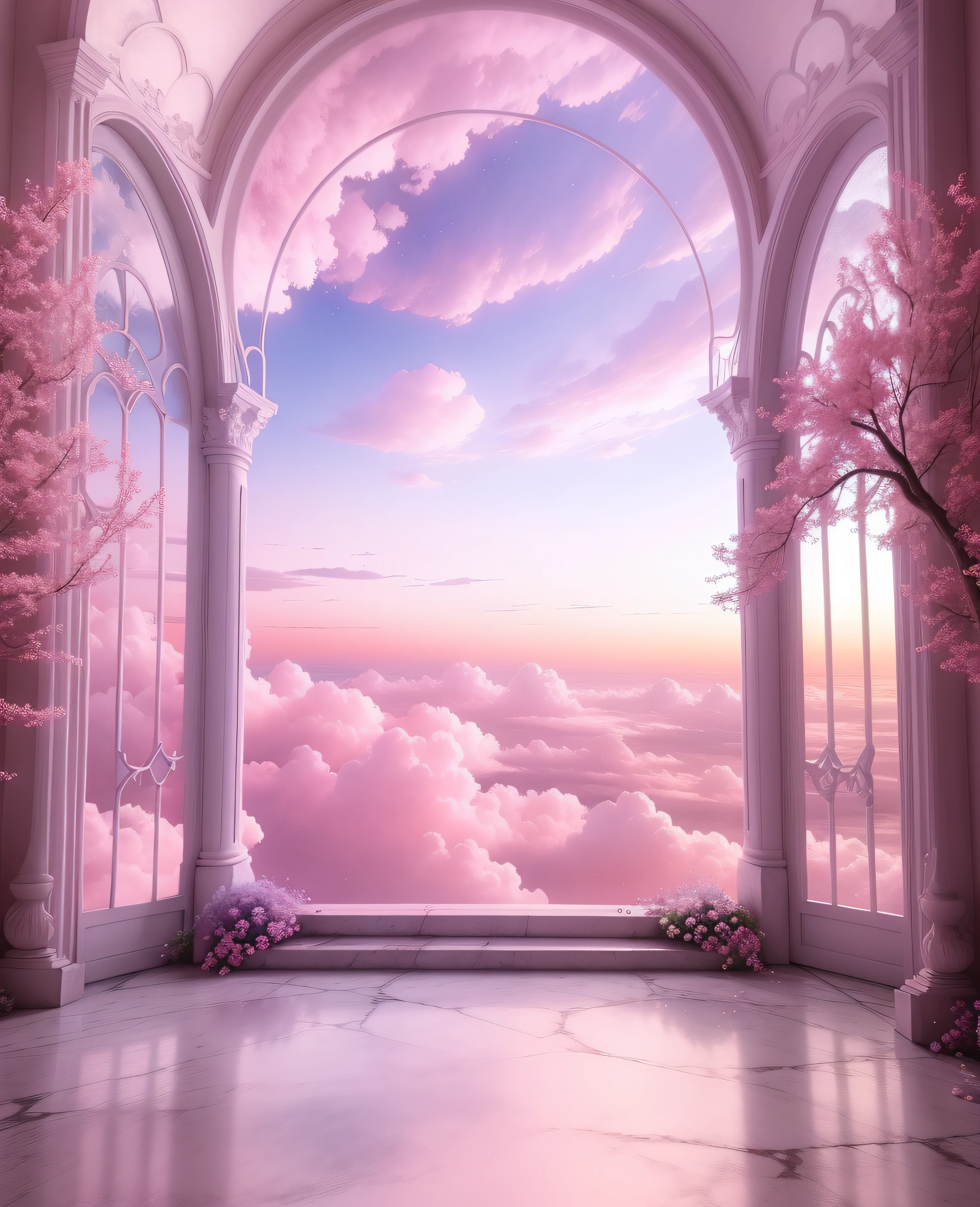 There is a bedroom with a window and a view of the sky, cena de sonho, heaven pink, very magical and dreamy, atmosfera sonhadora e drama, heaven background, sonhador e detalhado, atmosfera de sonho, cores celestiais, dreamy aesthetics, dreamy and ethereal, paisagem celestial, nuvens de anime rosa fofas, deite-se em nuvens brancas fairyland, beautiful dreamy breathtaking, Detailed dreamscape, paisagem de sonho, 1920x1080 resolution