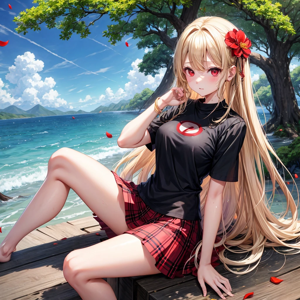 a blond、red eyes、one good looking girl、animesque、lightly dressed、Plaid miniskirt、flower petals、bare-legged、wetting hair、Black T-shirt、sitting on、sea of clouds、large tree、large tree、large tree、wakame
