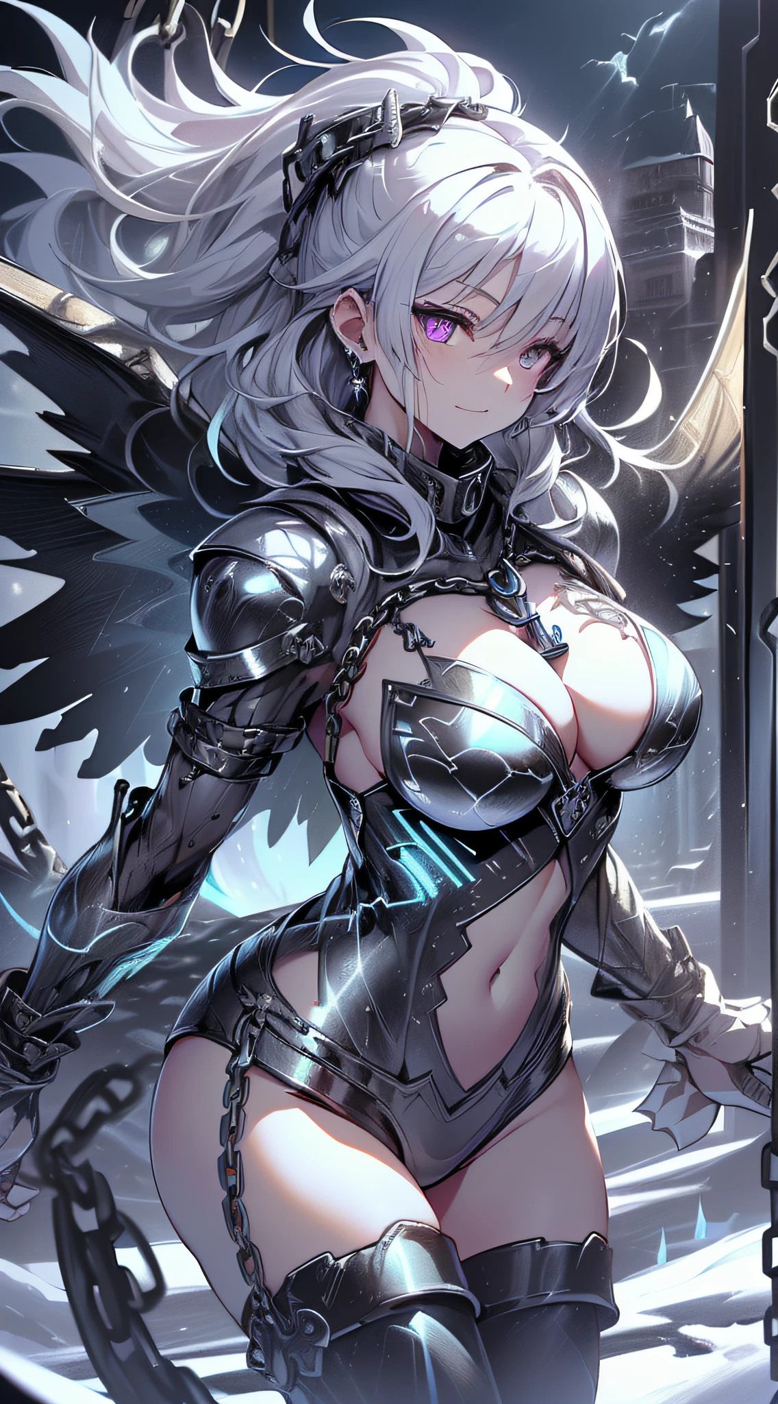 top-quality、Top image quality、​masterpiece、girl with((Silver and black mechanical body armor、silver mechanical arm、silver leg arms、Shining red body line、、teen ager、cute lit Bust、big bast,Beautiful shining purple eyes、Breasts wide open, white  hair、black mechanical wing,Longhaire、A slender,Large valleys、belligerent movements,sharp claws、anchor chain、chain、chains、Beam Cannon、Laugh、holds a black sword、fighting poses)),hiquality、Beautiful Art、Background with((natta、snow blowing、Oyuki、Yuki、ice burn city、ice tower)))、,masutepiece、depth of fields,Cinematic style