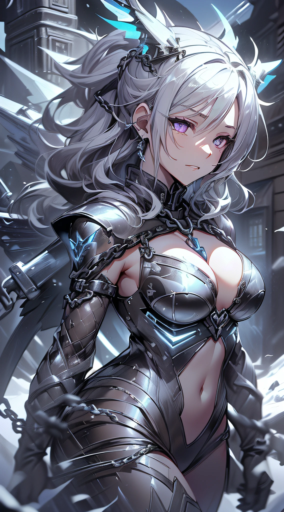 top-quality、Top image quality、​masterpiece、girl with((Silver and black mechanical body armor、silver mechanical arm、silver leg arms、Shining red body line、*****************、********r、cute little、Best Bust、big bast,Beautiful shining purple eyes、Breasts wide open, white  hair、black mechanical wing,Longhaire、A slender,Large valleys、belligerent movements,sharp claws、anchor chain、chain、chains、Beam Cannon、Laugh、holds a black sword、fighting poses)),hiquality、Beautiful Art、Background with((natta、snow blowing、Oyuki、Yuki、ice burn city、ice tower)))、,masutepiece、depth of fields,Cinematic style