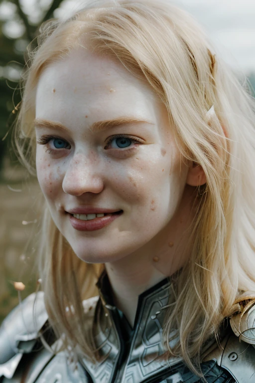 Ultra realistic photography of dbwl woman with many huge beauty marks on her natural pale white skin  ,    (medium shot:.9) ,  (full body portrait:1.3), 
 (SFW),  (((wings, fractal armor))) , upper arms,   ((in frame)),

 ((fighting stance)),  natural (  pale light blonde eyelashes) , blue eyes, medieval background,
 detailed Natural pale white skin  with (many huge round beauty marks) , smile, light pale blonde eyebrows,
 happy, clean cheeks,
detailed, natural light blonde,  outdoors, sunny, high resolution, photograph, RAW photo, fr4ctal4rmor [[sexy]]
