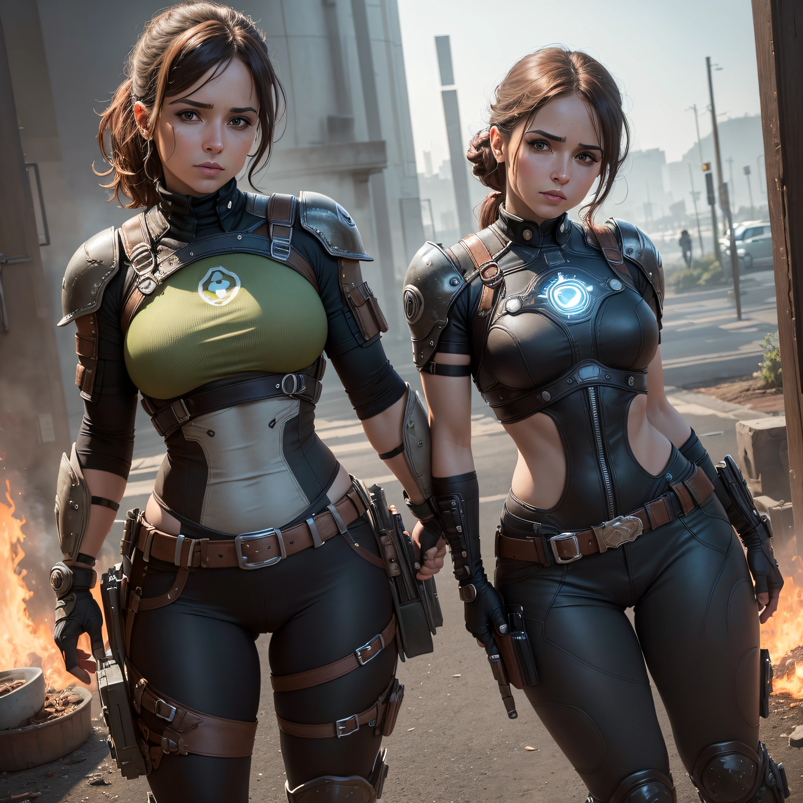 la exuberante guerrera alicia varela de gears of war, ojos verdes, labios carnosos, bellisima, con su uniforme de combate sexy con minifalda, piernas musculadas, se encuentra en lucha en una ciudad con inmensos edificios semiderruidos, todo lleno de imaginacion,ciencia ficcion y (intrincados detalles de la maquina).imagen fotorrealista,nitidez maxima, calidad 8k.(obra maestra de calidad superior).