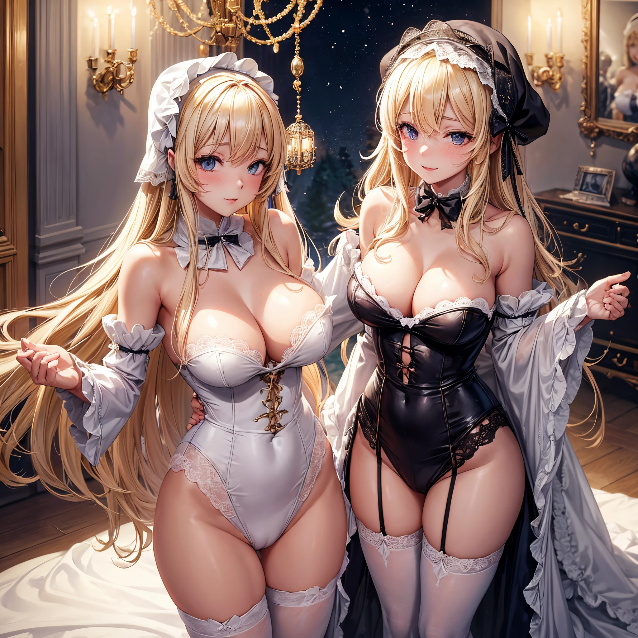 Vêtements de dentelle sexy cosplay père Noël bonnet de nain , couché, épaules nues, fesses nues, seins nues, cheveux blonds, taches de rousseur, lit, chapeau,  hentai yuri girl