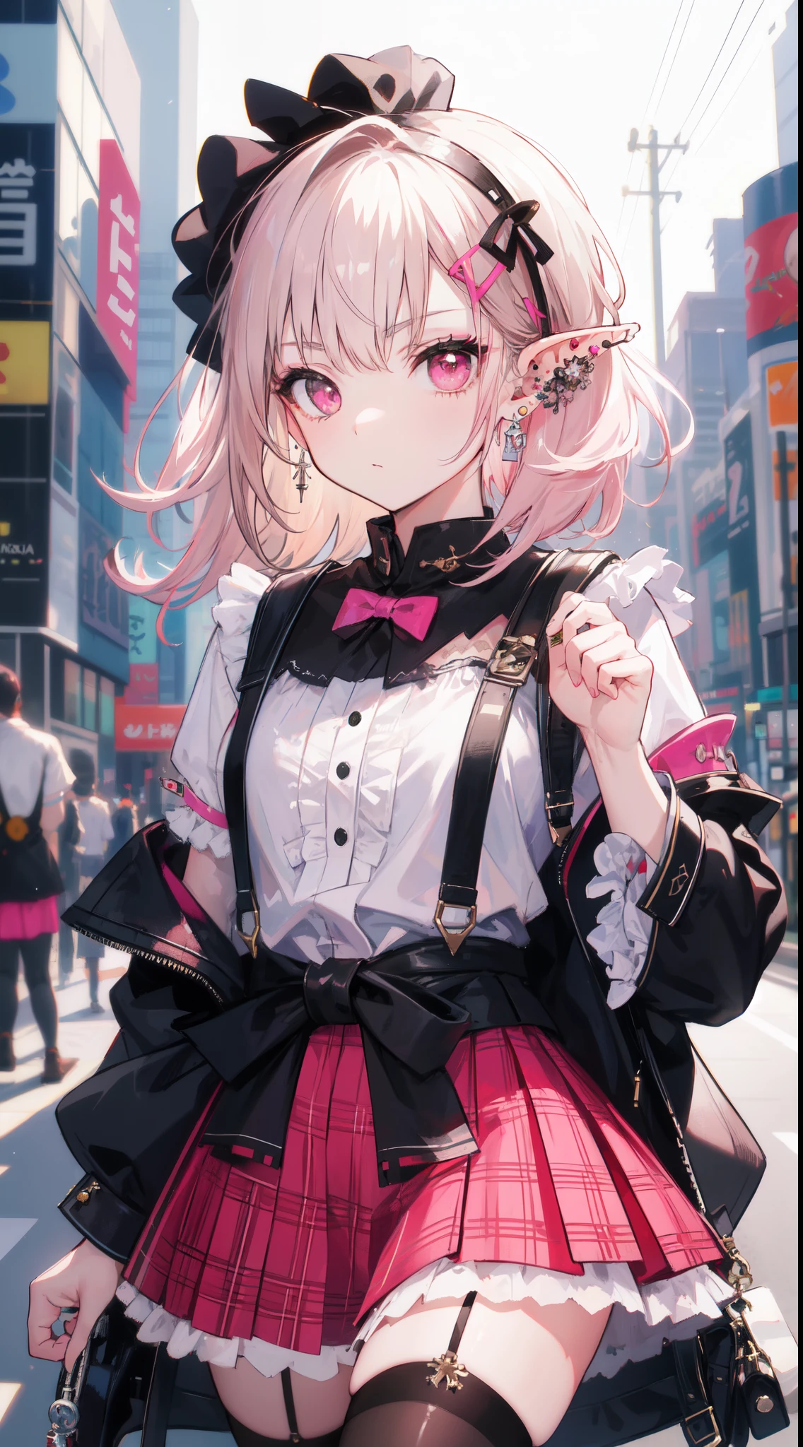 (Masterpiece, Award winning , Best Quality:1.2), 1elf girl, art by Yusuke Murata, solo, menhera, Yamikawa Punk, jirai kei, (jirai kei fashion:1.1), detailed face, pink eyes, white Blouse, Frills, Skirts, Various accessories, (ear piercing), Japanese subculture, fashion, grunge, noise pop, Manic, punky style, (Akihabara:1.1), Stockings, colorful, pink theme, (Dark circles:1.2), 16k, UHD, HDR,(Masterpiece:1.5), (best quality:1.5), (depth of field:1.2), (blurry background:1.2), style by Artgerm, by Alphonse mucha