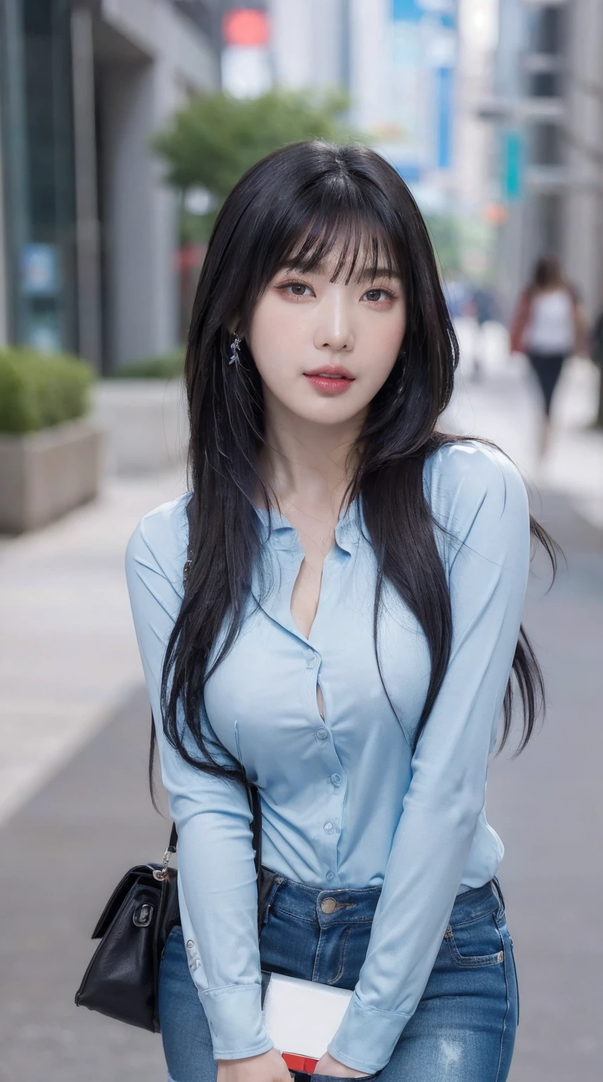 (masterpiece:1.4),(best quality:1.4),ultra high res,((detailed facial features)),HDR,8k resolution,1girl,blue sky,waby mouth / :3,(shiny),Sadako,street,shirt,earring,short jeans,large breasts,shiny skin,, ,socks over thighhighs,looking at viewer,skin tight,solo focus,naughty face,
