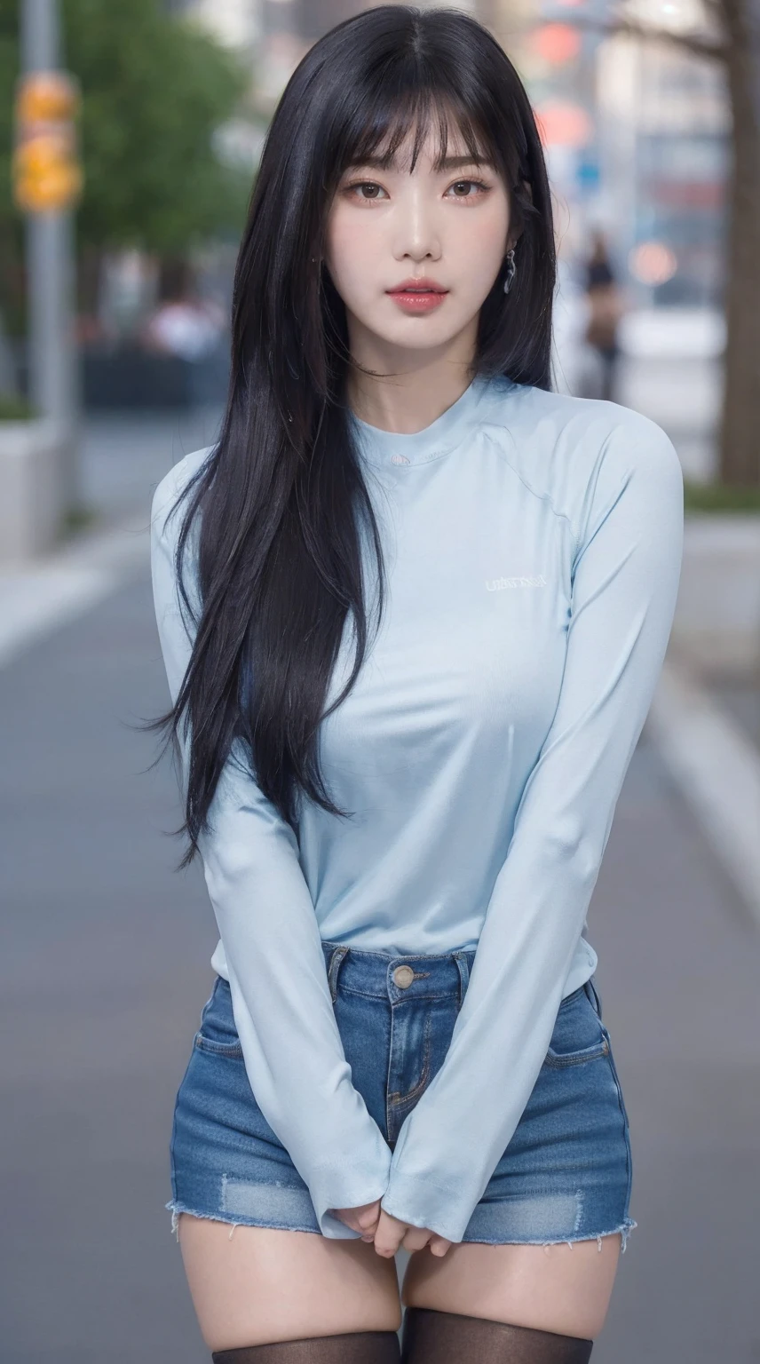 (masterpiece:1.4),(best quality:1.4),ultra high res,((detailed facial features)),HDR,8k resolution,1girl,blue sky,waby mouth / :3,(shiny),Sadako,street,shirt,earring,short jeans,large breasts, wet skin,shiny skin,
,socks over thighhighs,looking at viewer,skin tight,solo focus,naughty face,