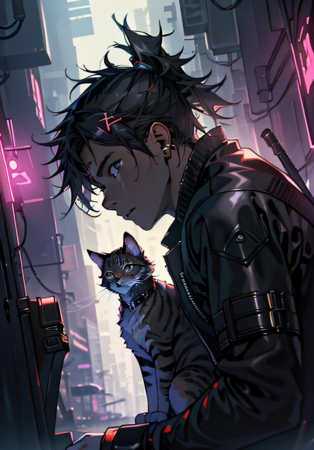ultra detail, high resolution, ultra detailed, best quality, amazing, top quality, extremely detailed CG unity 8k wallpaper, cinematic lighting, cat fanboy, cyberpunk, dark boy