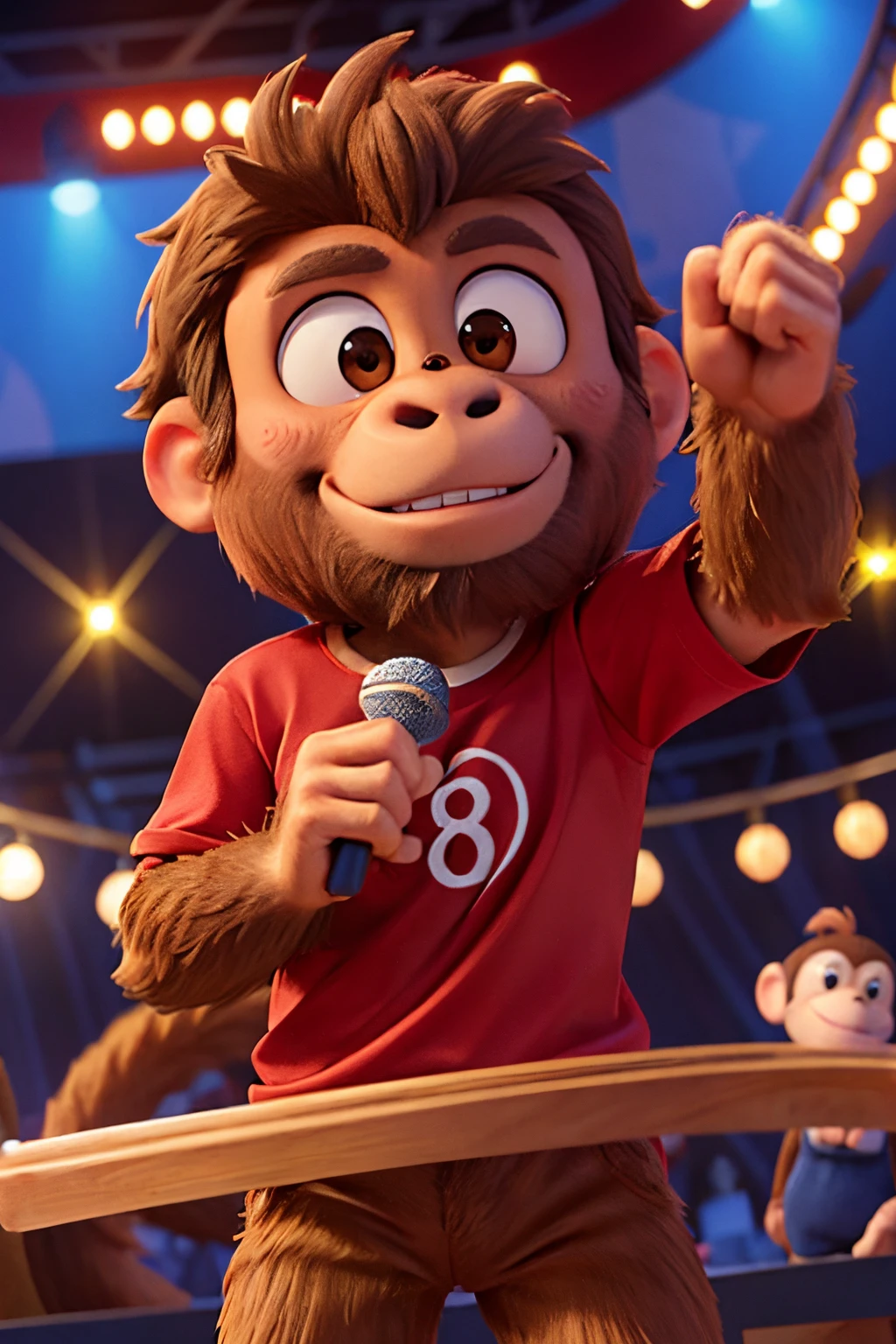 a brown hairy monkey wearing the number 8 red shirt, a microphone in his hand