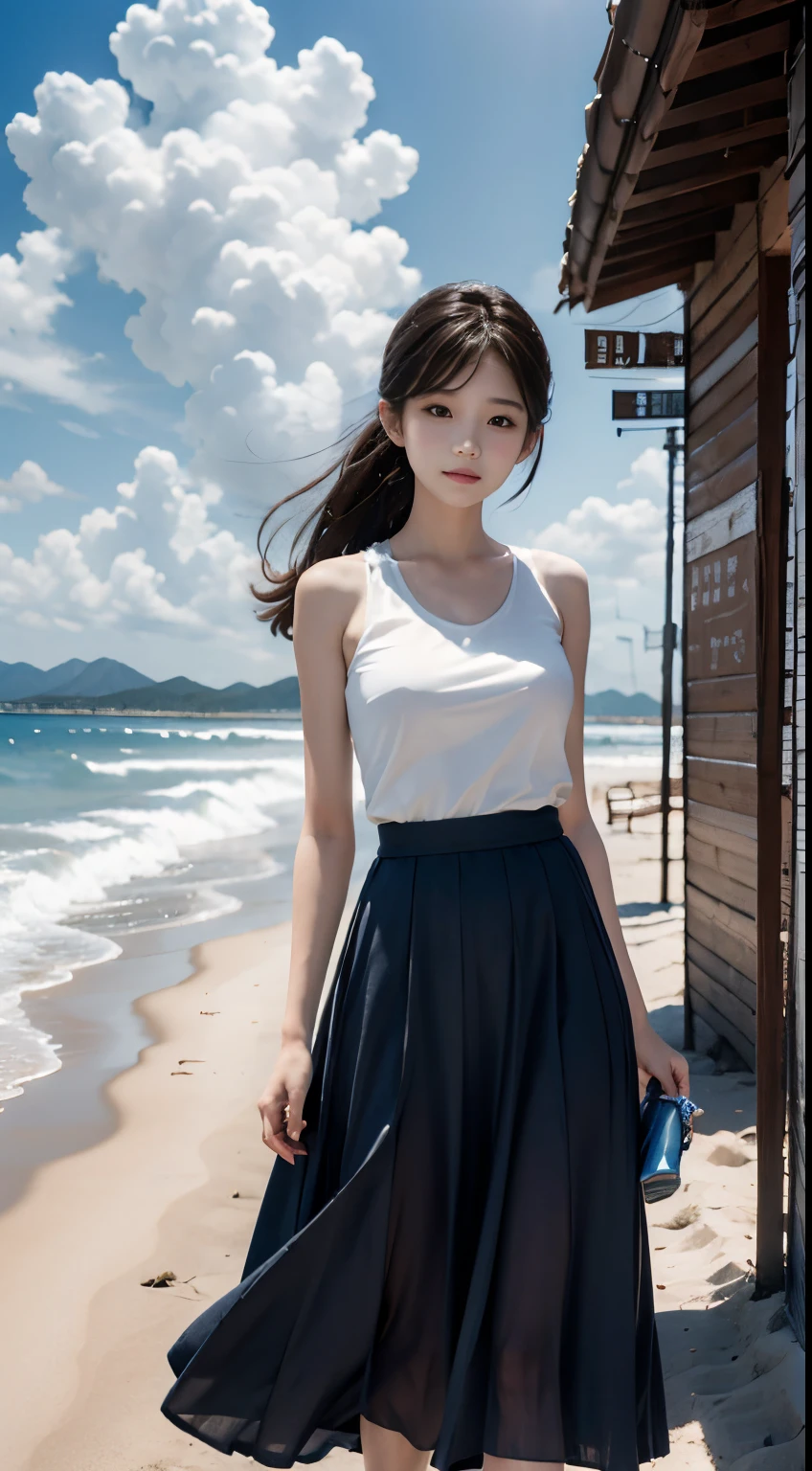 girls, Long skirt, sandbeach, spray, blue-sky, baiyun.