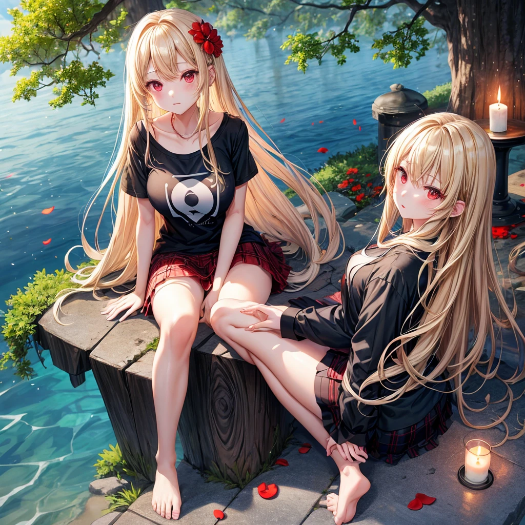a blond、red eyes、one good looking girl、animesque、lightly dressed、Plaid miniskirt、flower petals、bare-legged、wetting hair、Black T-shirt、sitting on、sea of clouds、large tree、large tree、large tree、wakame、candle fire