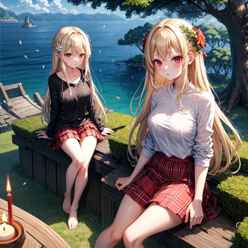 a blond、red eyes、one good looking girl、animesque、lightly dressed、Plaid miniskirt、flower petals、bare-legged、wetting hair、Black T-shirt、sitting on、sea of clouds、large tree、large tree、large tree、wakame、candle fire