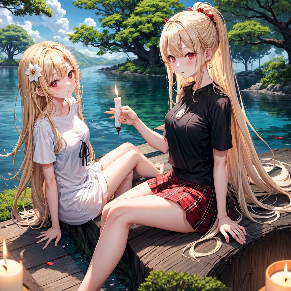 a blond、red eyes、one good looking girl、animesque、lightly dressed、Plaid miniskirt、flower petals、bare-legged、wetting hair、Black T-shirt、sitting on、sea of clouds、large tree、large tree、large tree、wakame、candle fire