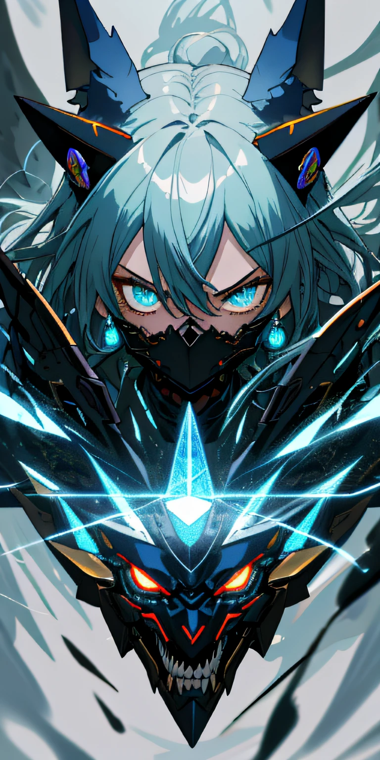 Anime Robot beutiful blue magma skin golem cat girl magic, aesthetic_eyes, detailed eyes, demon horn, mask, wings, glowing, random fantasy hair, multicolored hair, body detailed, random very angry face, detailed face, Saenyo Ancalagon Anthropomorphic majestic Guardian | Portrait | finely detailed Obsidian and Lava armor | cinematic lighting | intricate filigree metal design | 8k | unreal engine | octane render | aesthetic_eyes, detailed eyes, body detailed, ahegao, detailed face, highly detailed, fantasy background, blush, cat_ears_earrings hair_ornament highres jewelry triple_earring, detailed all, solo, fightning stance, magic circle, electrification, lightning effect, ray tracing, detailed all, show your ability A.I, 4K Ultra HD. add face mask, add fullface mask, mouth and nose covered by mask