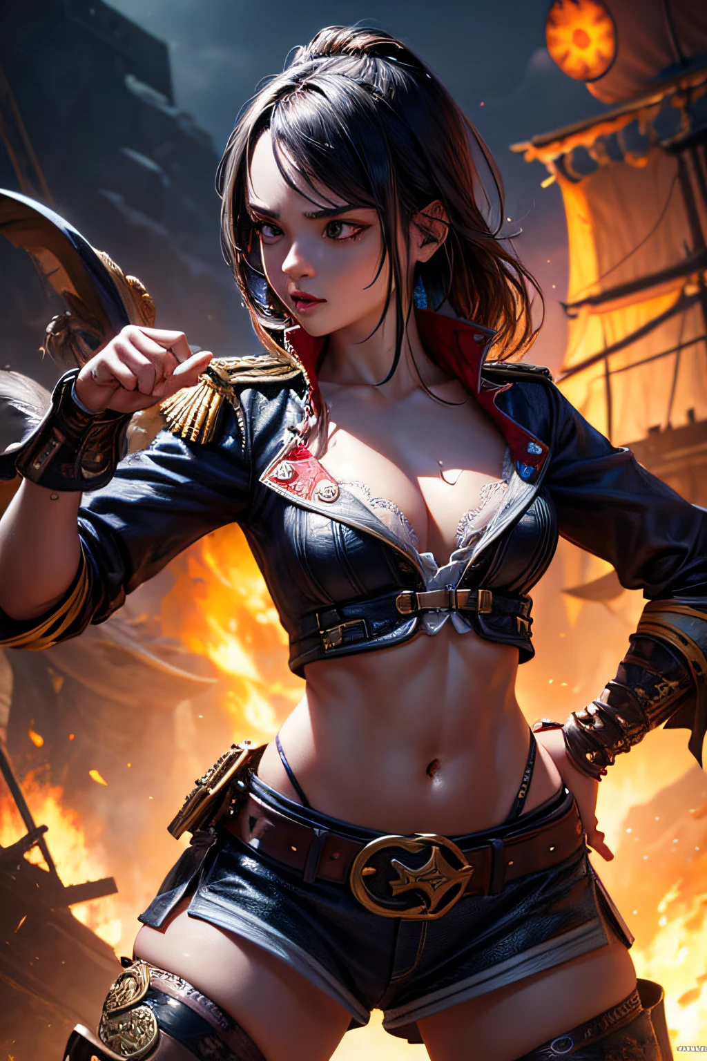 girl, teen, pirate captain, evil look, combat stance, highly detailed, vibrant appearance, creative behavior, extremly detailed, imaginative, sensual, spontaneous, highest quality, skin texture, intricate details, (cinematic lighting), RAW photo, 8k, masterpiece,best quality,ultra-detailed,very detailed illustrations,extremely detailed,intricate details,highres,super complex details,extremely detailed 8k cg wallpaper,