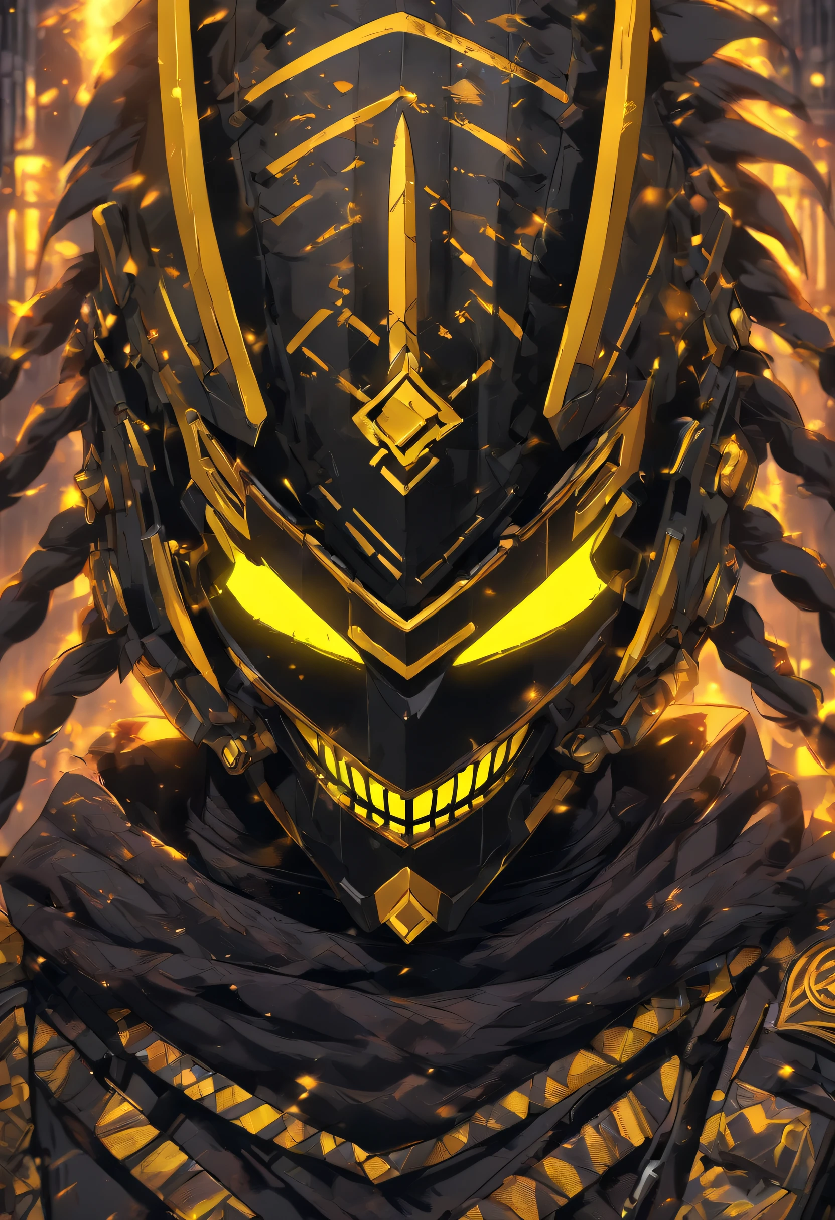 Dominican Guerrero , , Armor black and yellow neon, Gray Metallic and Oxidized Gold Mask , apocalyptic future punk