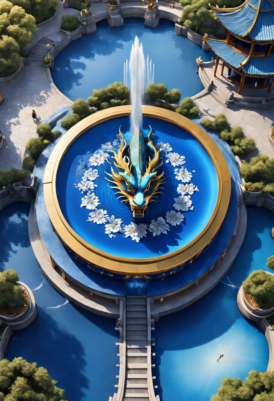 (Very unified cg scene design), (Aerial photography of cloisonné blue and white porcelain theme park circular square), （dragon fountain），（water spray），(water column）（lots of people），Carefully designed using European and American designs， The structure is very delicate, The texture is very clear, Super beautiful pattern, Asymmetrical balance,( magenta ）Carmine＋( blue white colors ）Blue-cyan＋( tin foil gold ）golden colored，Ultra-clear texture，glyphic，Ultra-clear screen，Fantasyart，ultra-realistic realism， 3D, c4d，bird's eyes view，top down view，, Ultra-clear screen, Fantasyart, ultra-realistic realism, 3D, c4d,, from a top-down perspective,