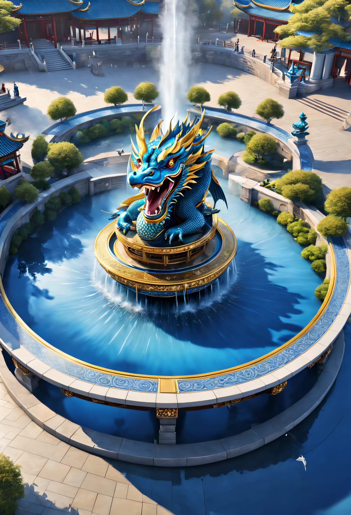 (Very unified cg scene design), (Aerial photography of cloisonné blue and white porcelain theme park circular square), (dragon fountain),(water spray),(water column)(lots of people),Carefully designed using European and American designs, The structure is very delicate, The texture is very clear, Super beautiful pattern, Asymmetrical balance,( magenta )Carmine+( blue white colors )Blue-cyan+( tin foil gold )golden colored,Ultra-clear texture,glyphic,Ultra-clear screen,Fantasyart,ultra-realistic realism, 3D, c4d,bird's eyes view,top down view,, Ultra-clear screen, Fantasyart, ultra-realistic realism, 3D, c4d,, from a top-down perspective,