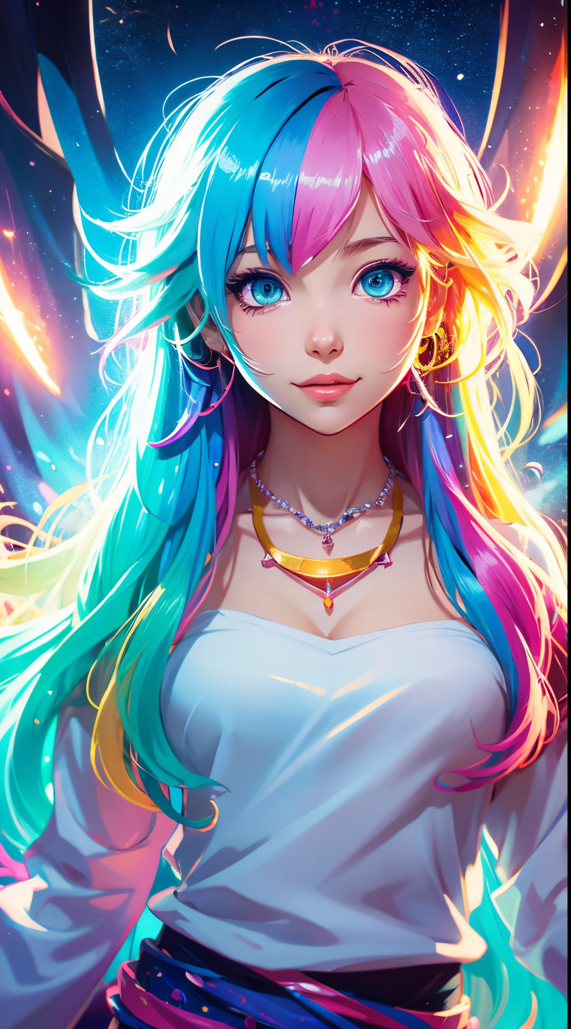 Close-up of a woman with colorful hair and necklace, anime girl with cosmic hair, Rossdraws' soft vibrancy, Gouviz-style artwork, fantasy art style, colorful], vibrant fantasy style, Rossdraws cartoon full of energy, cosmic and colorful, Guweiz, colorful digital fantasy art, stunning art style, beautiful anime style, white skin, night coat,