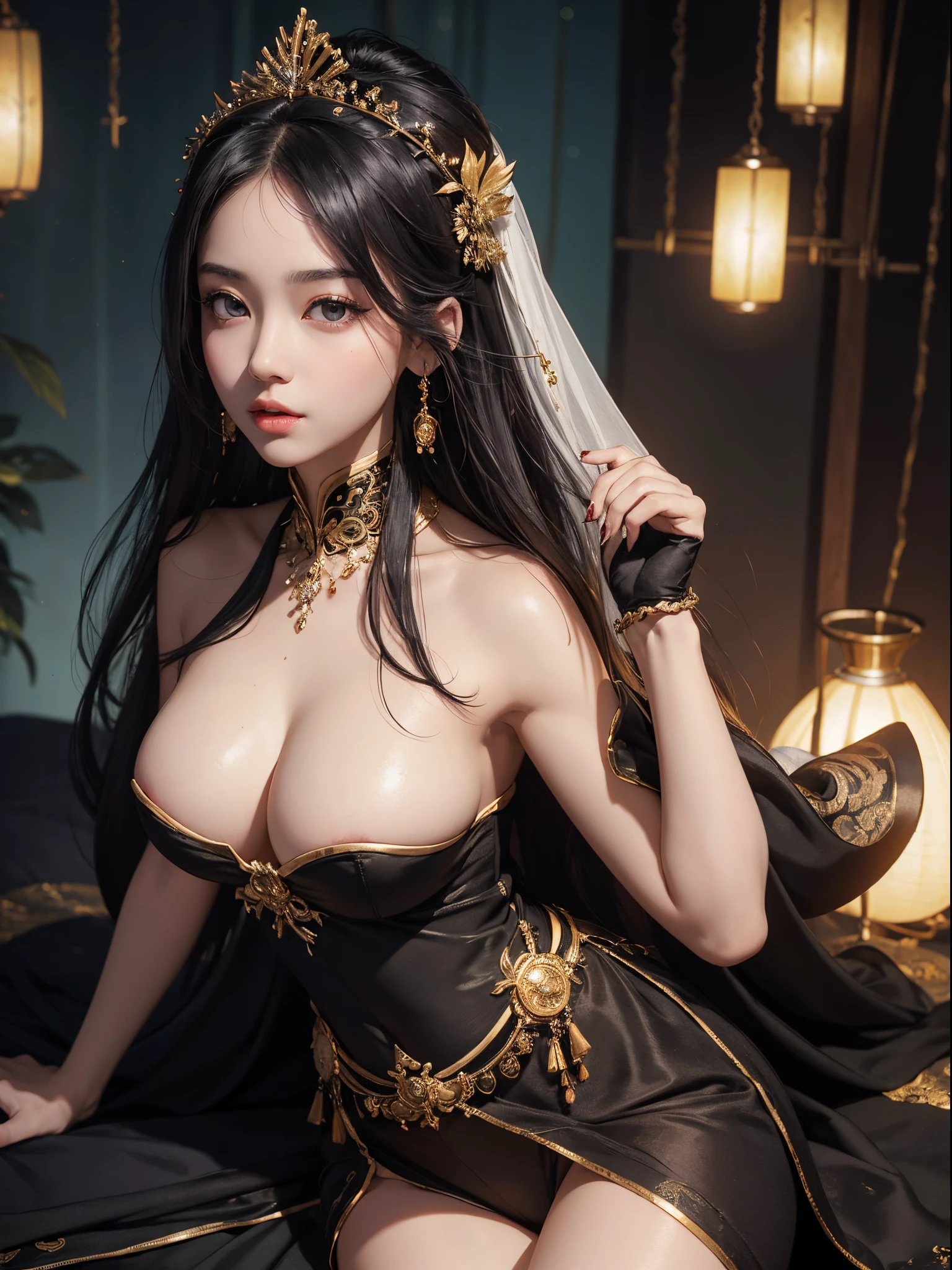 ((Masterpiece)), ((Best Quality)), 8K, HD, Super Detail,(full body: 0.8) A girl, oval face, balanced body, big and round breasts, white skin, mysterious and seductive beauty of the night. Deep black eyes, Her mysterious long black hair is tied high, with a golden pin on her head, black Chinese costume and dark silk
