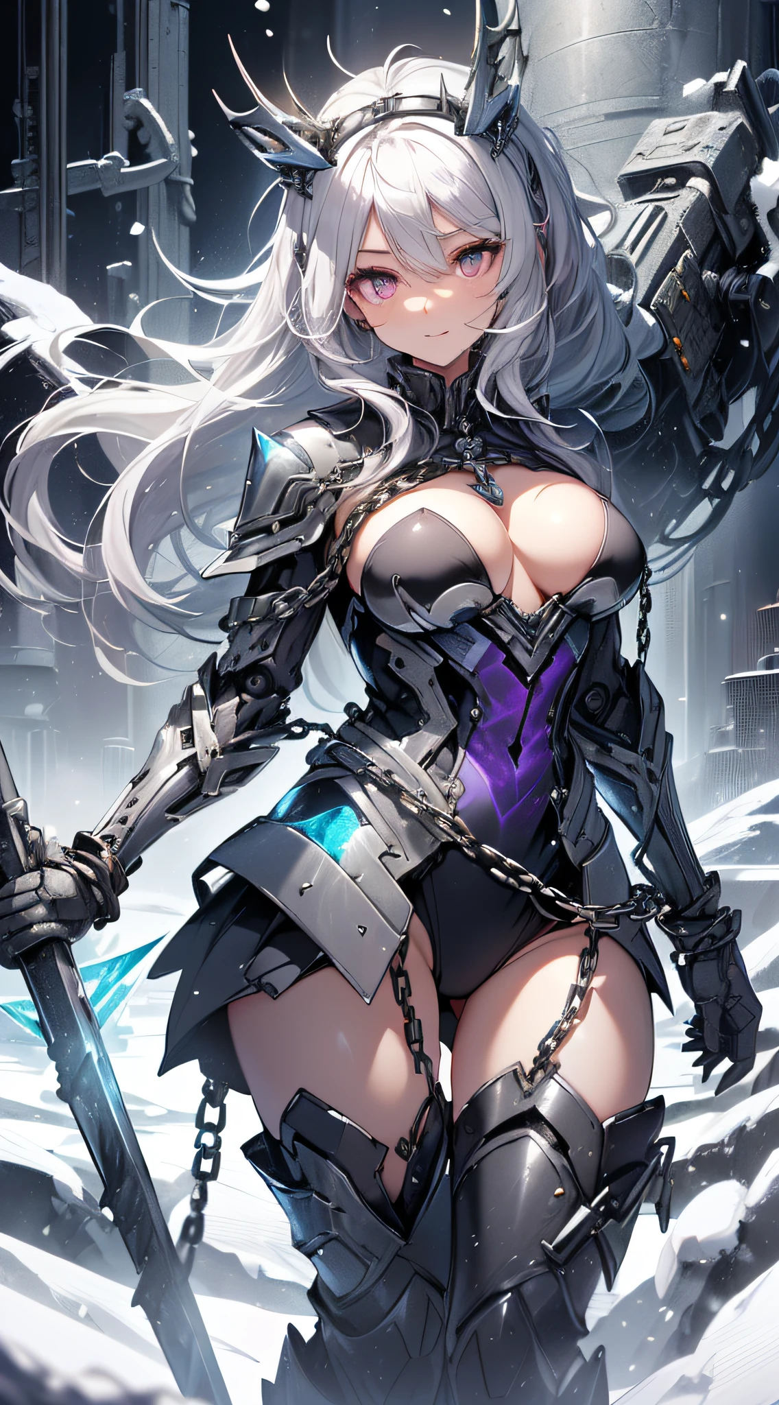 top-quality、Top image quality、masterpiece、girl with((Silver and black mechanical body armor、silver mechanical arm、silver leg arms、Shining red body line、sixteen years old、teen ager、cute little、Best Bust、big bast,Beautiful shining purple eyes、Breasts wide open, white hair、black mechanical wings,Longhaire、A slender,Large valleys、belligerent movements,sharp claws、anchor chain、chain、chains、Beam Cannon、Laugh、Have an ice sword、fighting poses)),hiquality、Beautiful Art、Background with((natta、snow blowing、Oyuki、Yuki、ice tower、big ice room)))、,masutepiece、depth of fields,Cinematic style