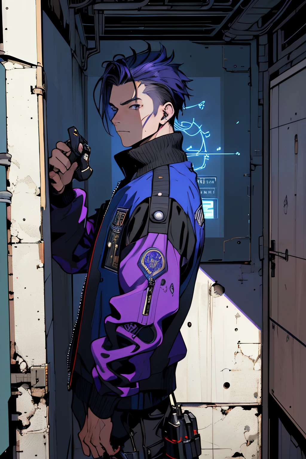 beste-Qualit, master piece, ultra highres, detailed background, Realstic, hadesstyle, solo, jeune style, immature, immature male, cheveux violet courts, Duc, Art royaute, art cyberpunk, feu vert consumant , horreur \ (theme \), style animated Blue lock