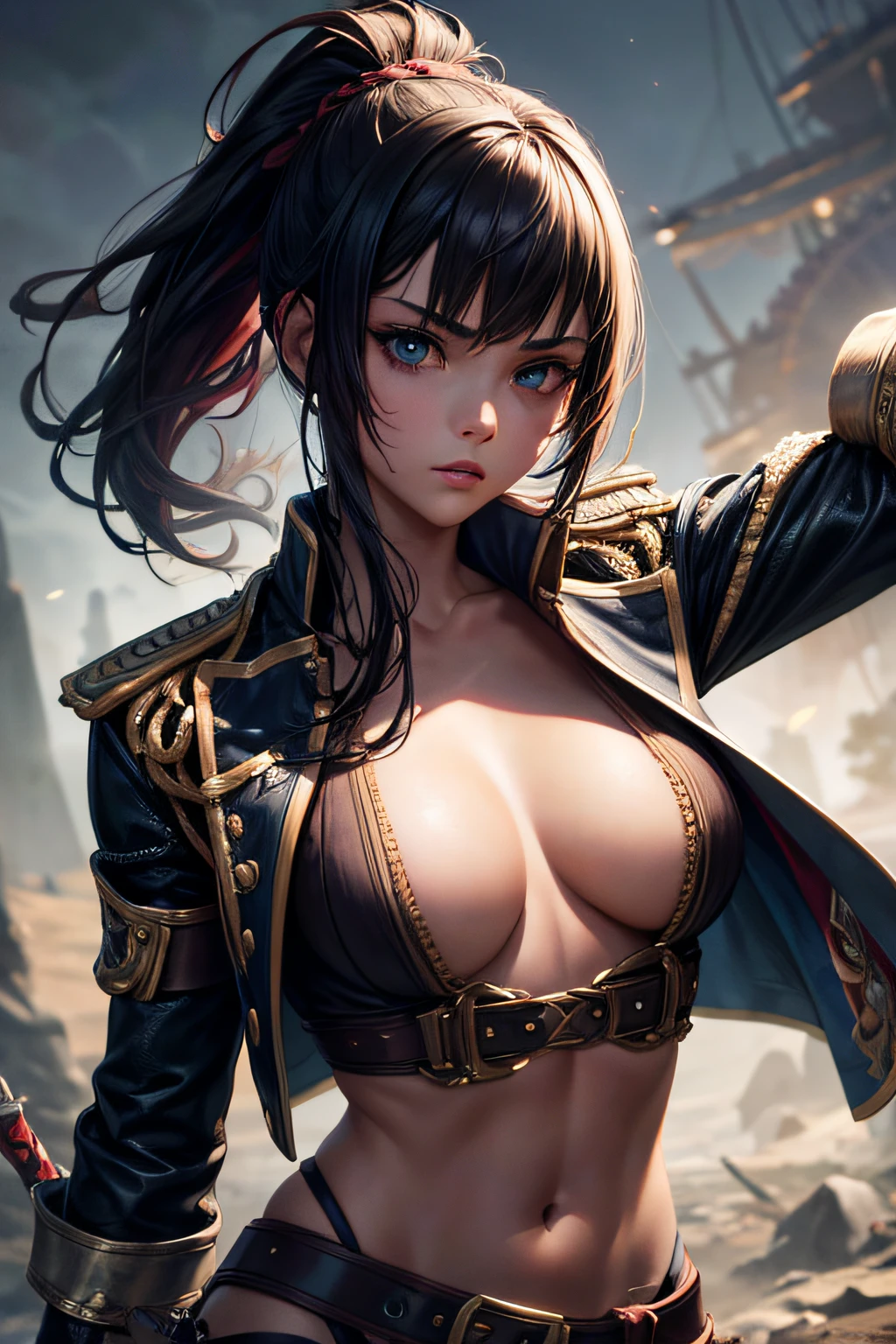 girl, teen, pirate captain, evil look, ripped clothes,combat stance, wielding a sword, highly detailed, vibrant appearance, creative behavior, extremly detailed, imaginative, sensual, spontaneous, highest quality, skin texture, intricate details, (cinematic lighting), RAW photo, 8k, masterpiece,best quality,ultra-detailed,very detailed illustrations,extremely detailed,intricate details,highres,super complex details,extremely detailed 8k cg wallpaper,
