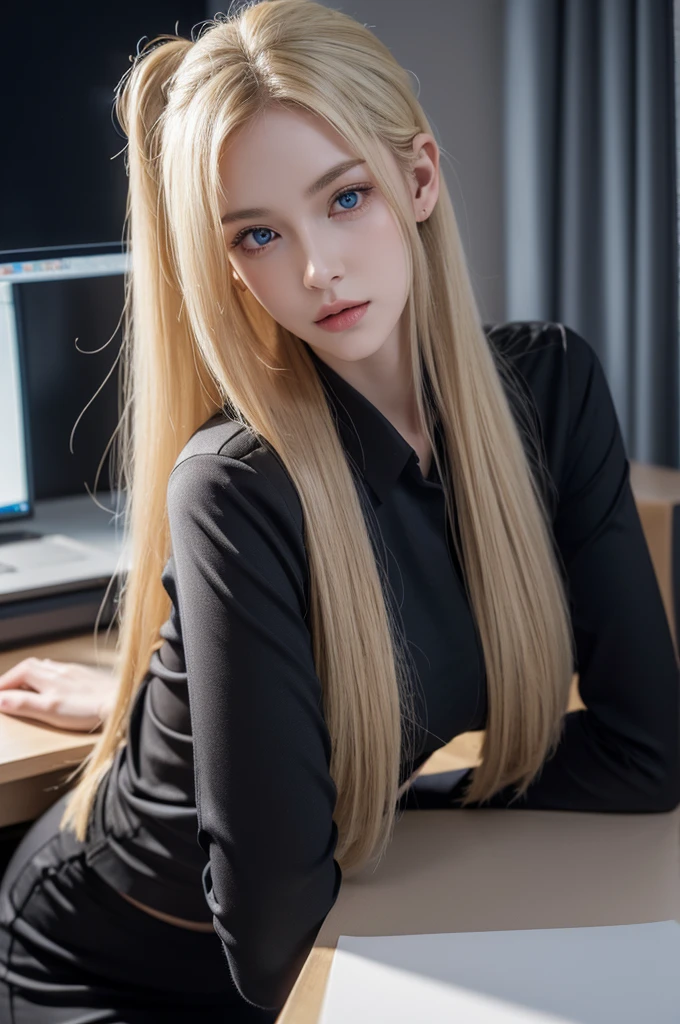 Long slender ears, big breasts, slender figure, slitted blue eyes, blonde hair, semi-long hair up, black shirt, grey suit, desk job at computer, serious expression, claw pose
Ultra realistic, realistic capture, high detail, high resolution 16K human skin close-up Skin texture is natural, pores are detailed enough to be finely identified, Mix4, 20d, SOLO, full body, Look at viewer, (8K, RAW shot, highest quality 1), (Real Photo 2), (Real Photo realism: 1.37), professional lighting, photon mapping, radiosity, physics-based rendering.
