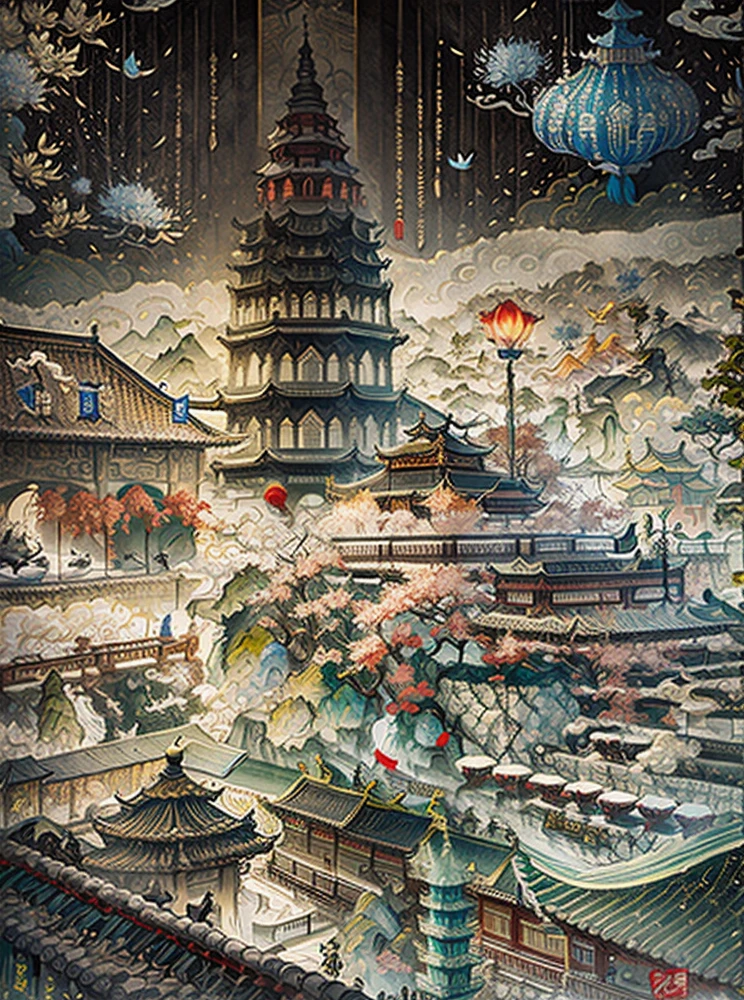 ((Chinese painting style, traditional style: 1.3 + extended perspective: 1.1), (fireworks box: 1.4 + three-dimensional: 1.3)), shocking landscape, deep culture, beautiful and colorful, attracting attention huge scale, ancient beauty, rich details visual feast, festive traditional fire, multiple special effects dynamic and brilliant, high quality and high resolution --auto --s2