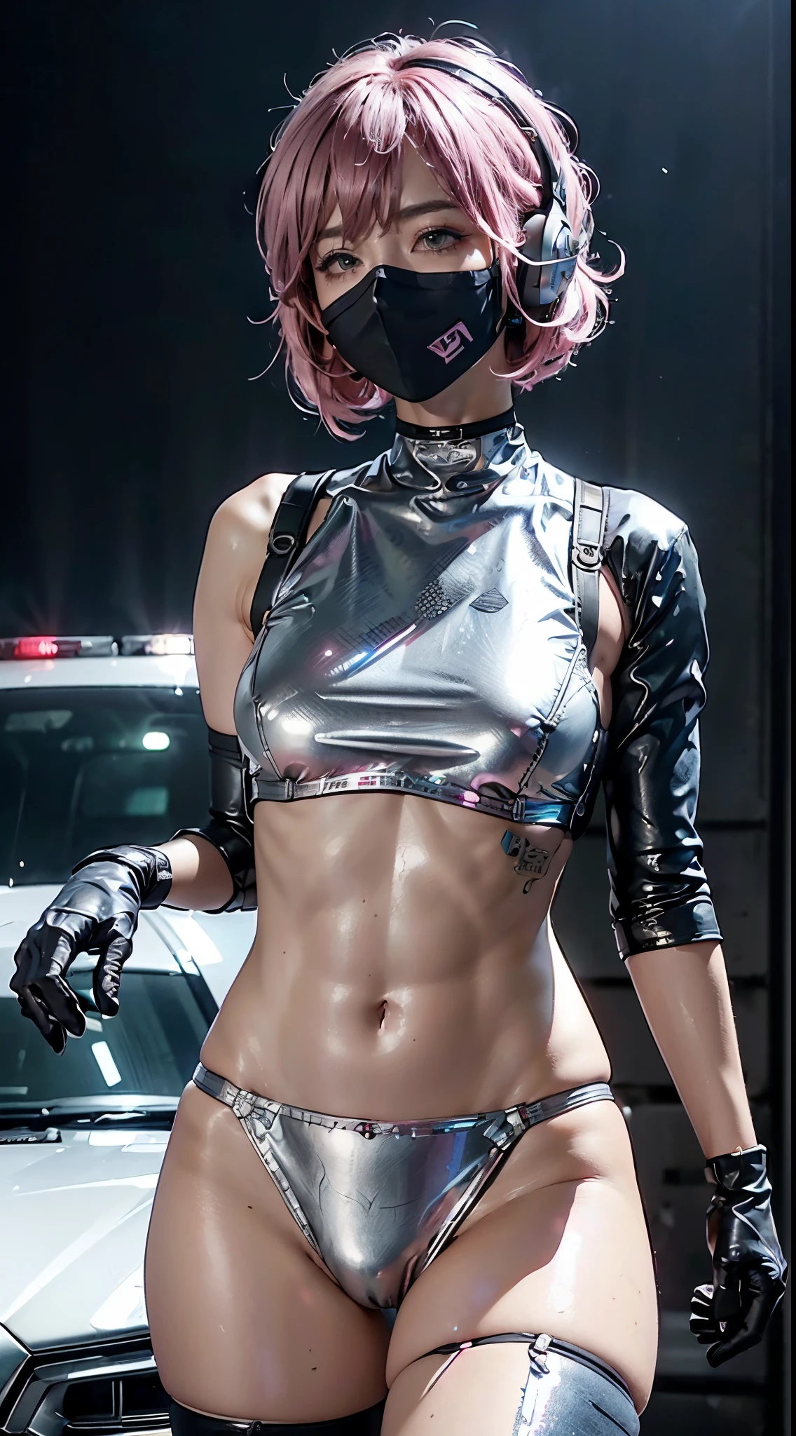 Top Quality, Ultra High Definition, (backlight), (Photorealistic: 1.4), (cowboy shot:1), 1 Beautiful Girl, (Kpop Idol), Detailed Face, (Hair Style: Pink:1, fullbang, shortbob-style:1), Contrapposto, Perfect Anatomy, Smooth Skin, Professional Lighting, ((wearing Futuristic Police Racing Suits, police wappen, High-tech Headset, military harness, racing gloves, machinegun)), ("POLICE", Cloths colors based on silver pink black white), (background, crashed cars, fire, (Explosion)),