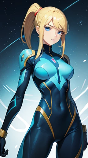 Samus Aran, the iconic protagonist from the 'Metroid' series. She is depicted with a tall, well proportioned, with nice hips  and athletic physique, exuding strength and determination. Her facial features convey a sense of resilience, she's blonde, ponytail hairstyle, she has two loose strands of hair that frame her face down to the top of her chest, she has blue eyes. Samus is wearing her signature blue	 form-fitting bodysuit, which has a sleek and futuristic design. The bodysuit accentuates her combat readiness and showcases her role as a skilled bounty hunter.