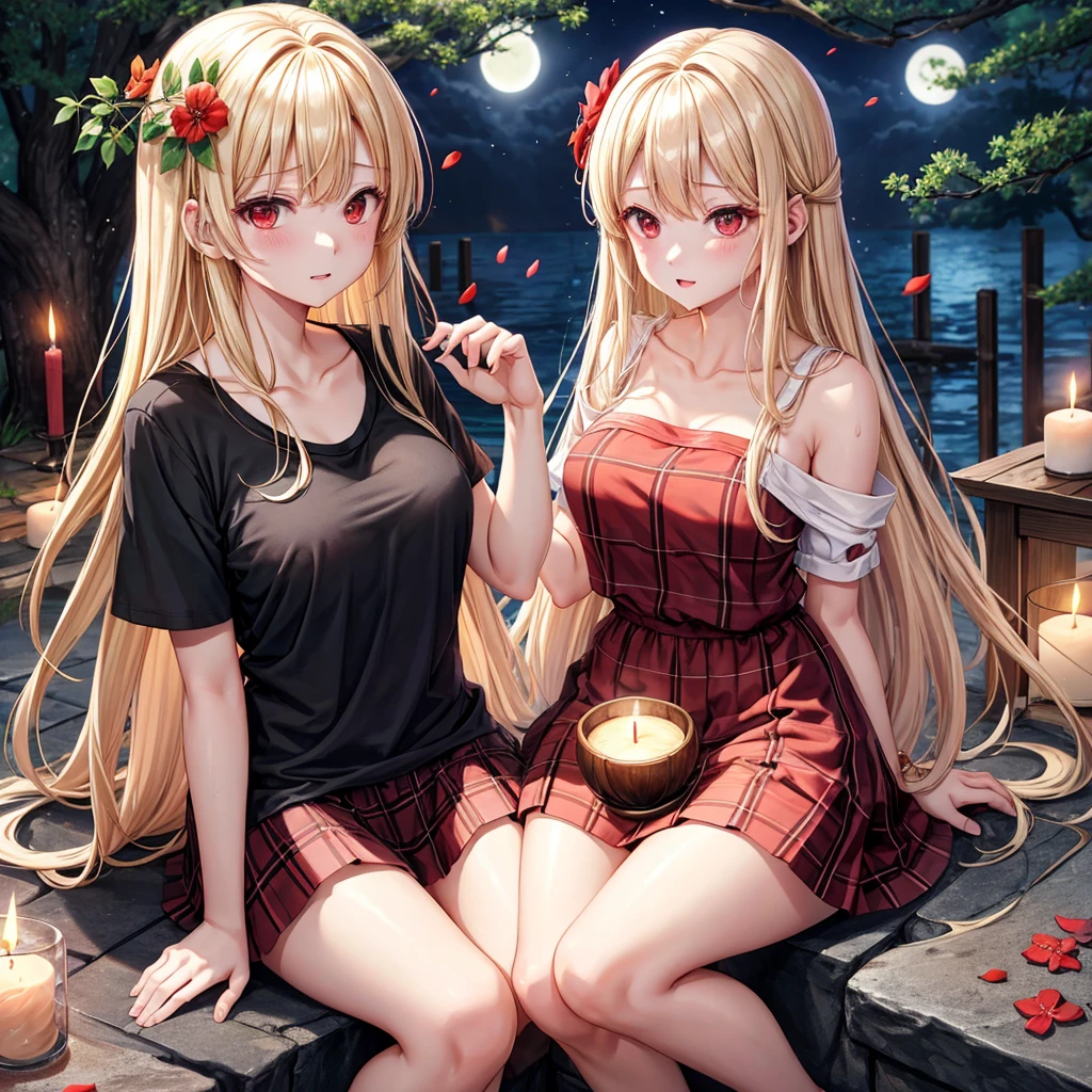 a blond、red eyes、one good looking girl、animesque、lightly dressed、Plaid miniskirt、flower petals、bare-legged、wetting hair、Black T-shirt、sitting on、fullmoon、large tree、large tree、large tree、wakame、candle fire