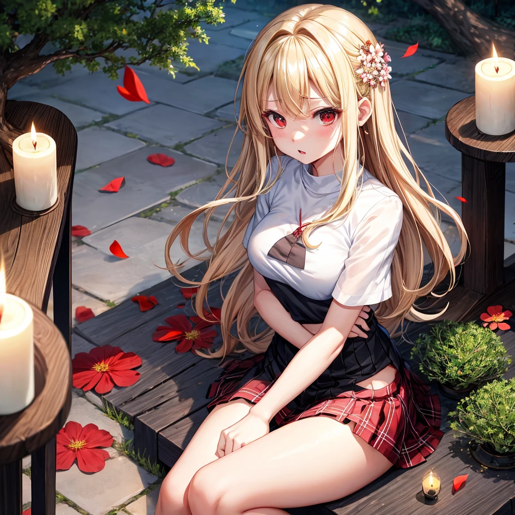 a blond、red eyes、one good looking girl、animesque、lightly dressed、Plaid miniskirt、flower petals、bare-legged、wetting hair、Black camisole、fullmoon、large tree、candle fire、fire flame