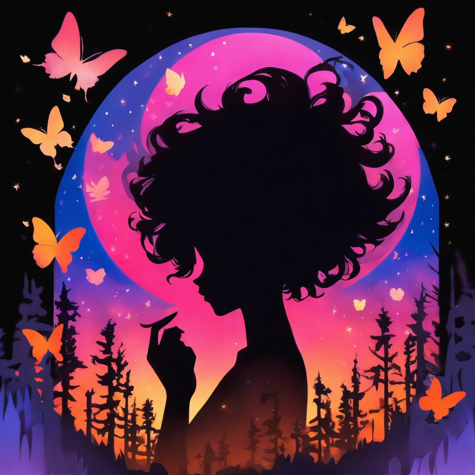 (Silhouette Art,cutouts:1.6)
(((Paper cutting art,A world where only night exists:1.3), heart moon, solo, colorful backlighting, glowing highlight,intricate masterpiece, digital art 

(Cowboy Shot),1 girl,Solo,
Black girl, Clear and beautiful detailed face,15 Nights, butterflies 

break
(Silvery Moon)
Gradients Blue textured glass background,Arcana World
