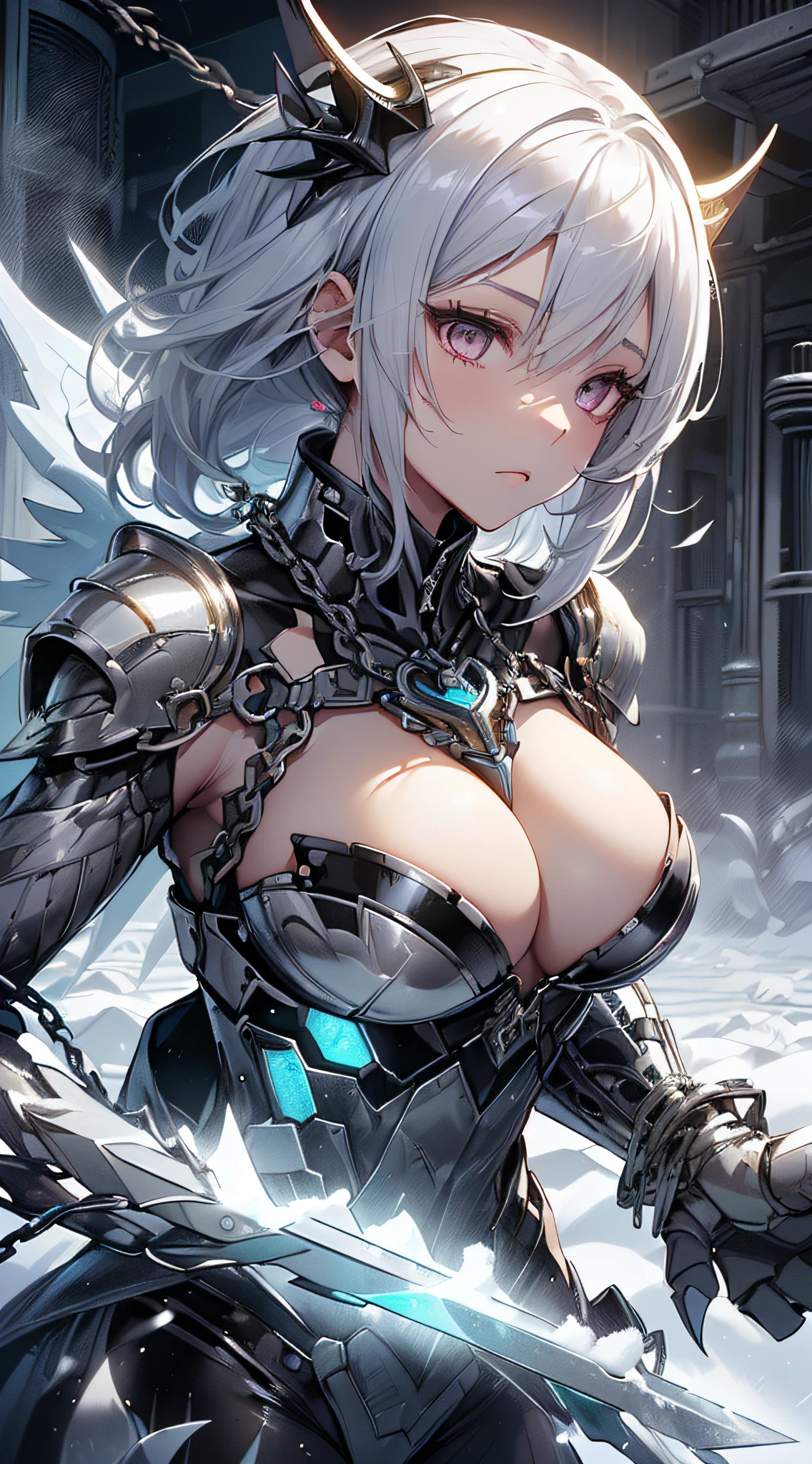 top-quality、Top image quality、masterpiece、girl with((Silver and black mechanical body armor、silver mechanical arm、silver leg arms、Shining red body line、、teen ager、cute lit Bust、big bast,Beautiful shining purple eyes、Breasts wide open, white hair、black mechanical wing,Longhaire、A slender,Large valleys、belligerent movements,sharp claws、anchor chain、chain、chains、Beam Cannon、Have an ice sword、fighting poses)),hiquality、Beautiful Art、Background with((natta、snow blowing、Oyuki、Yuki、ice tower、big ice house、White smoke)))、,masutepiece、depth of fields,Cinematic style