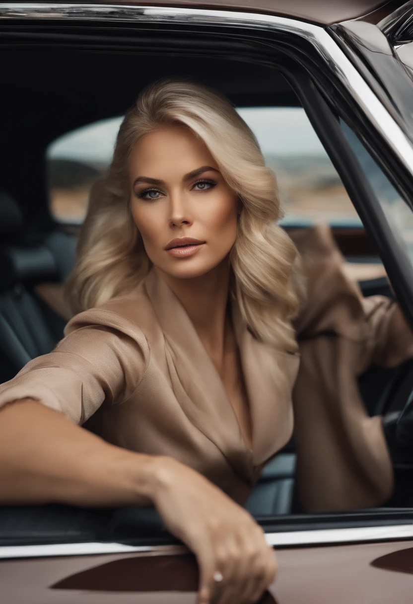 a woman blonde driving a luxury car, blonde hair, sports type. detailed, realistic