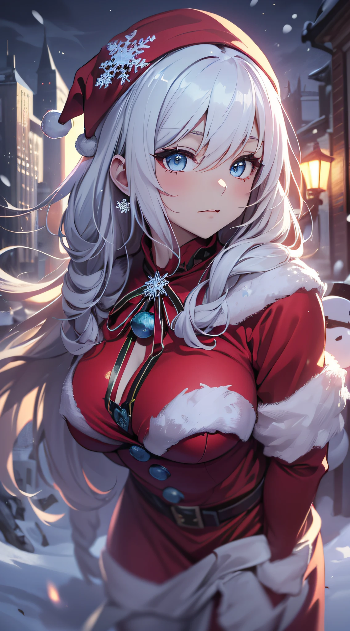 top-quality、Top image quality、​masterpiece、teens girl((Red Santa Costume、sixteen years old、teen ager、Best Bust、big bast,Beautiful light blue eyes、Breasts wide open, a blond、A slender,Large valleys、dye one's cheeks red、Leaning forward、White breath、Reflecting the whole body)),hiquality、Beautiful Art、Background with((Fantastic world、Ice Burn City at night、snowflakes falling、Heavy snow falls、snowman、ice tower)))、masutepiece、depth of fields,